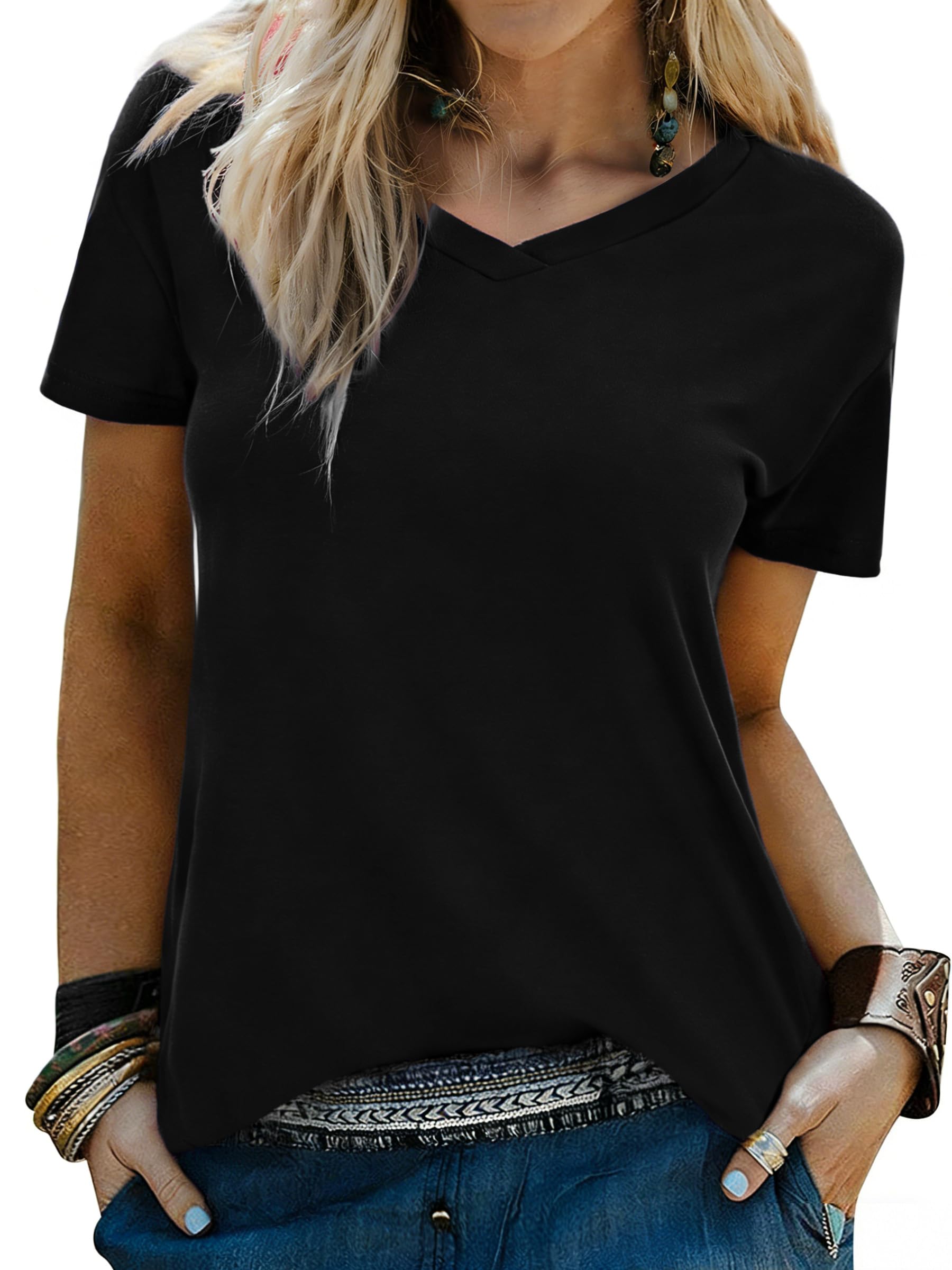 Wayleb Tshirt Damen Baumwolle V-Ausschnitt Basic T Shirt Weich Leicht Sommer T-Shirts Alltag Freizeit Elegant Oberteile Top S–3XL