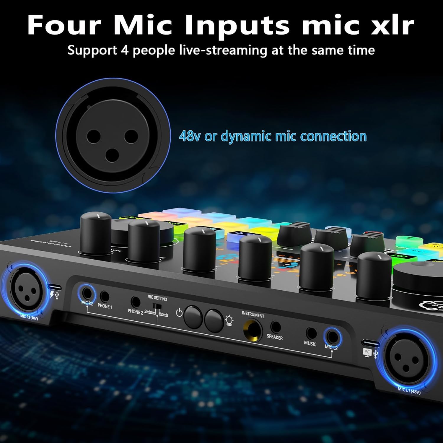 Paquete de equipos de podcast para 2, interfaz de audio con 2 micrófonos dinámicos XLR/USB, 2 soportes de micrófono de escritorio y 2 auriculares, RGB, cambio de voz para grabación vocal, podcast
