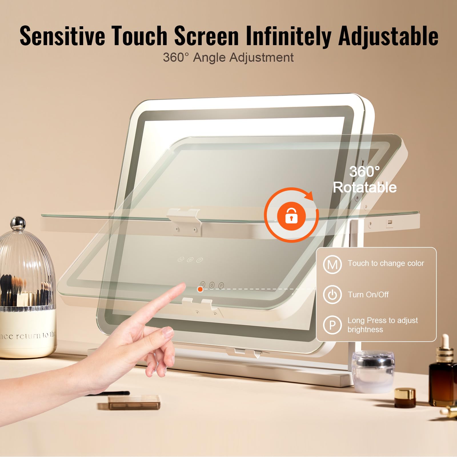 VEVOR Hollywood Schminkspiegel mit Beleuchtung, Kosmetikspiegel mit 3 Farbbeleuchtungsmodi, Schminkspiegel mit LEDs & 5-facher Vergrößerung, USB, Smart-Touch-Steuerung, 360°-Drehbar, 547x447mm