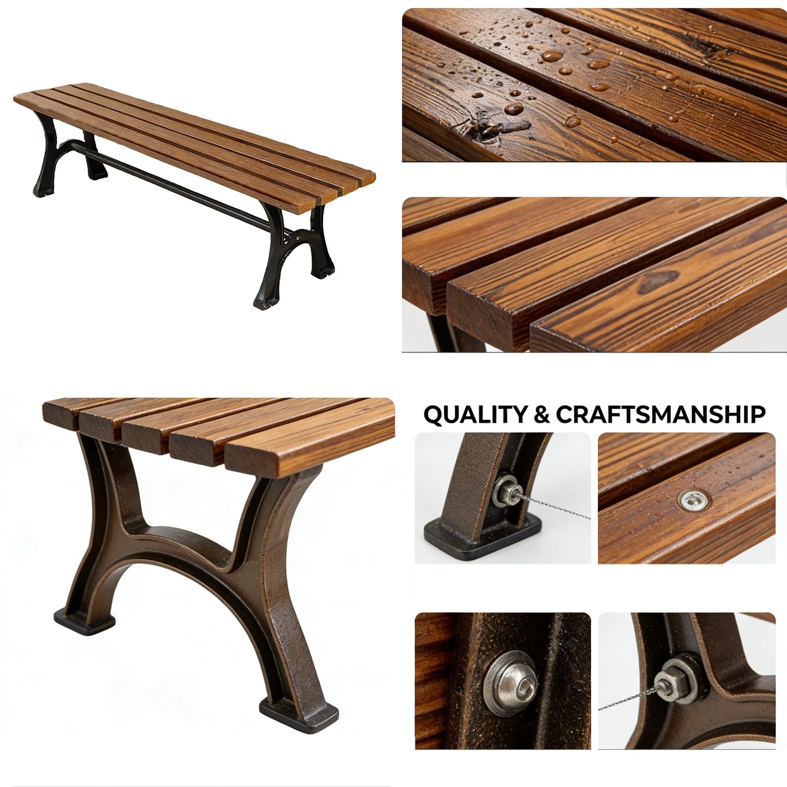 Banco Jardin Exterior Impermeable con Estructura de Madera Maciza y Hierro Fundido, Capacidad de Carga 380 Kg, Ideal para Parques(Beige,180x43x39cm/71x17x15in)