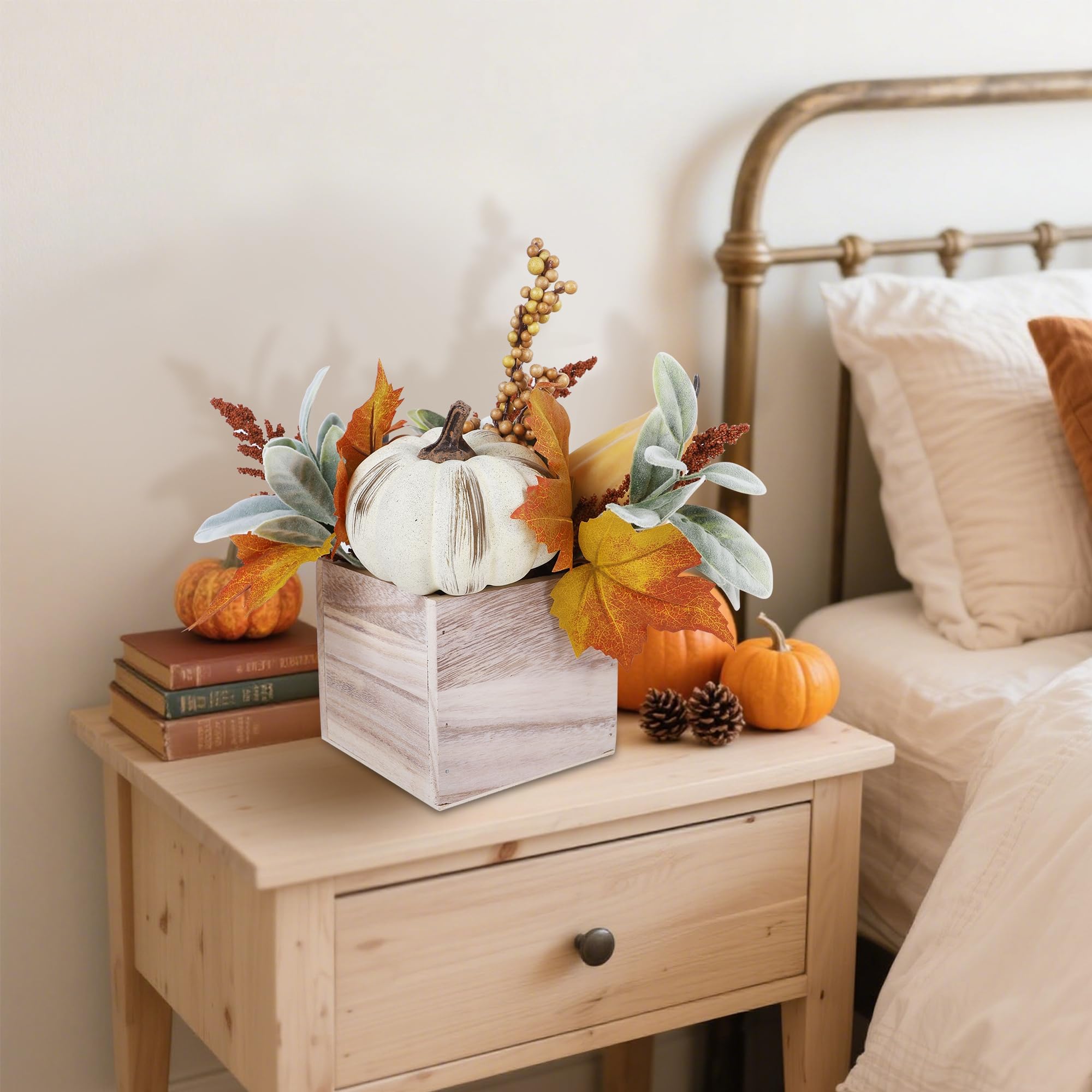 winemana Confezione da 2 decorazioni autunnali per la casa, zucca, zucca, bacche e foglie artificiali in vaso di legno, centrotavola autunnale per sala da pranzo, caminetto, interni