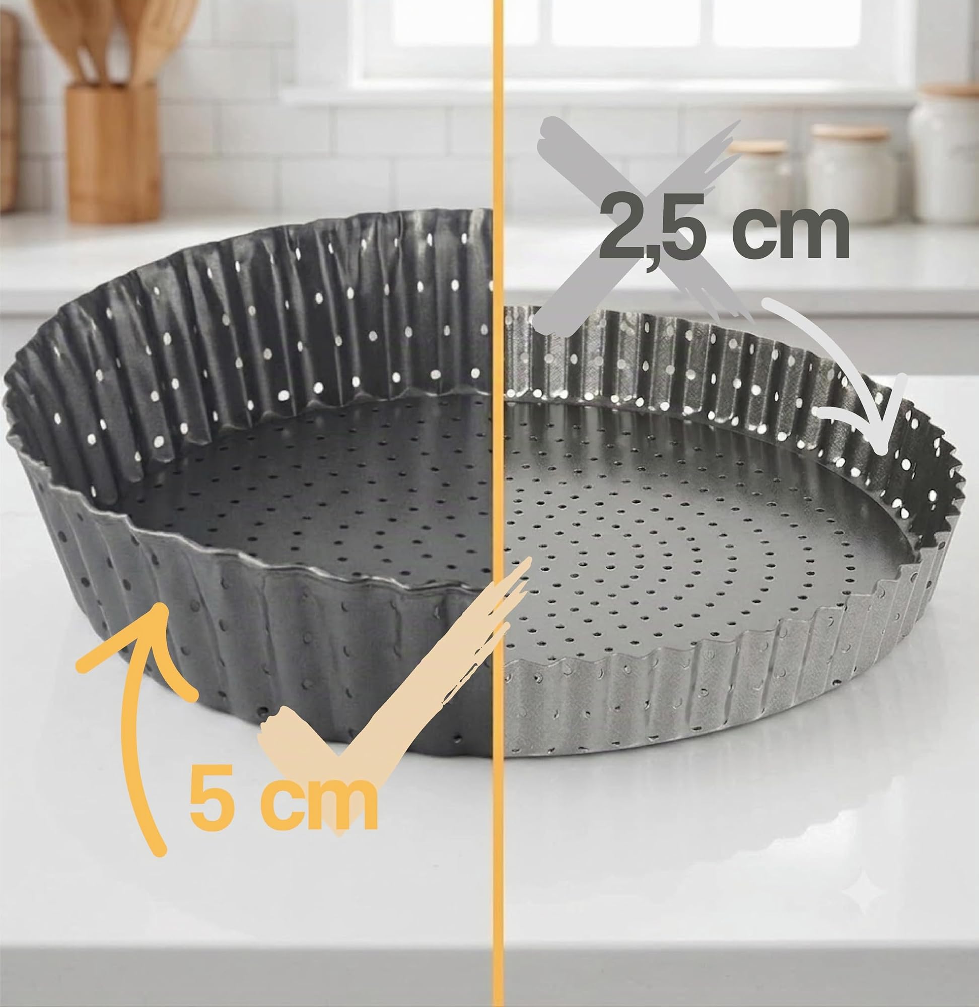 Moule à Tarte Perforé - Moule à Quiche avec Fond Amovible - Plat/Moule Tartelette - Moules à Gâteaux Rond - Revêtement Antiadhésif - Moule à Flan Haut - Ø 24 cm - Hauteur 5 cm