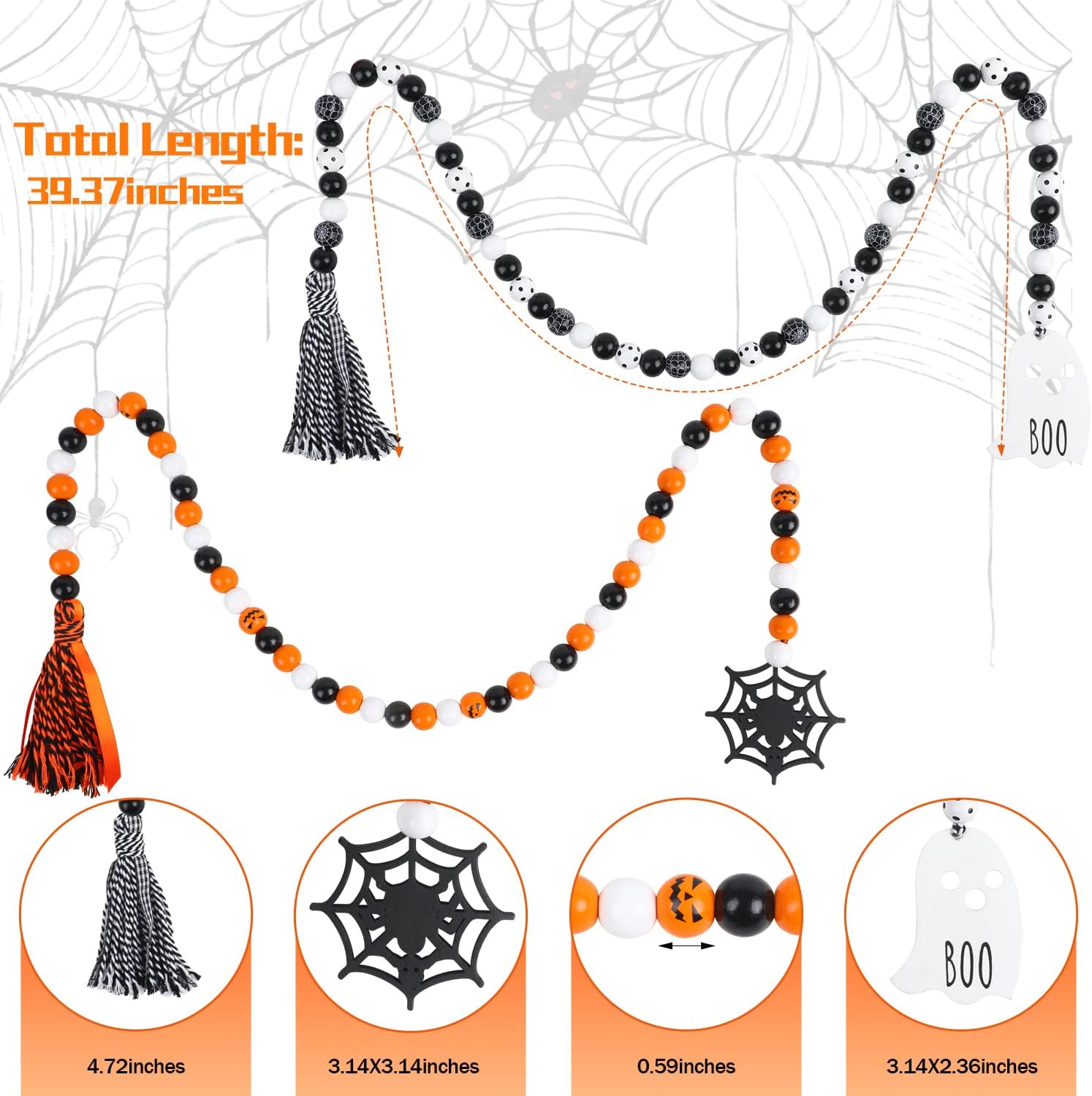 CCINEE 2Pack Halloween Wooden Bead Garland with Tassel 39.3In Rustic Farmhouse Bead Garland with Ghost Spider Web Tag Beaded Tiered Tray Decor for Halloween Shelf Tiered Tray Wall Decor