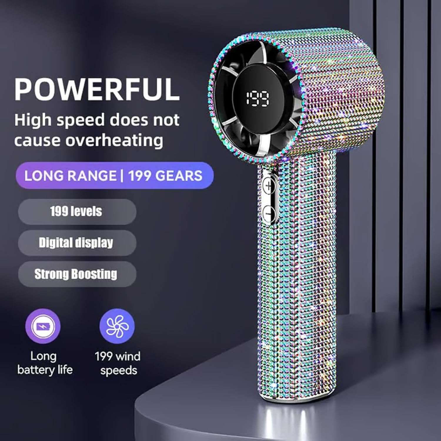 DDRIC Diamond Portable Fan, Portable Handheld Turbo Fan - Fashion Full Diamond, 1800mAh Mini Personal Fans USB Rechargeable With Digital Display for Outdoor, Travel, Office, Gift (Multicolor)