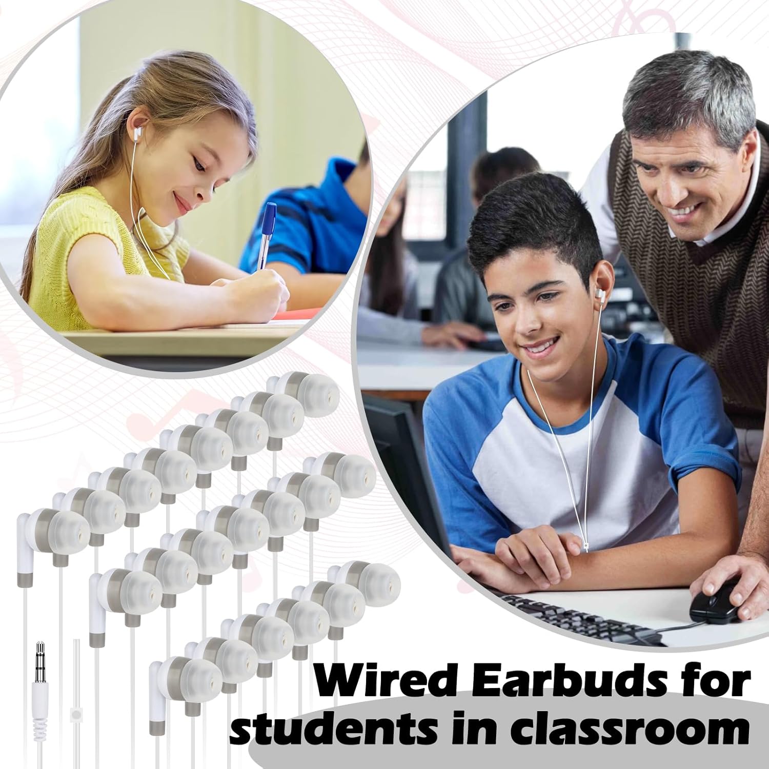 Kids Bulk Earbuds for Classroom School 100 Pack Wholesale Students Wired Earphones 3.5mm Perfect for School Classroom Libraries (White)