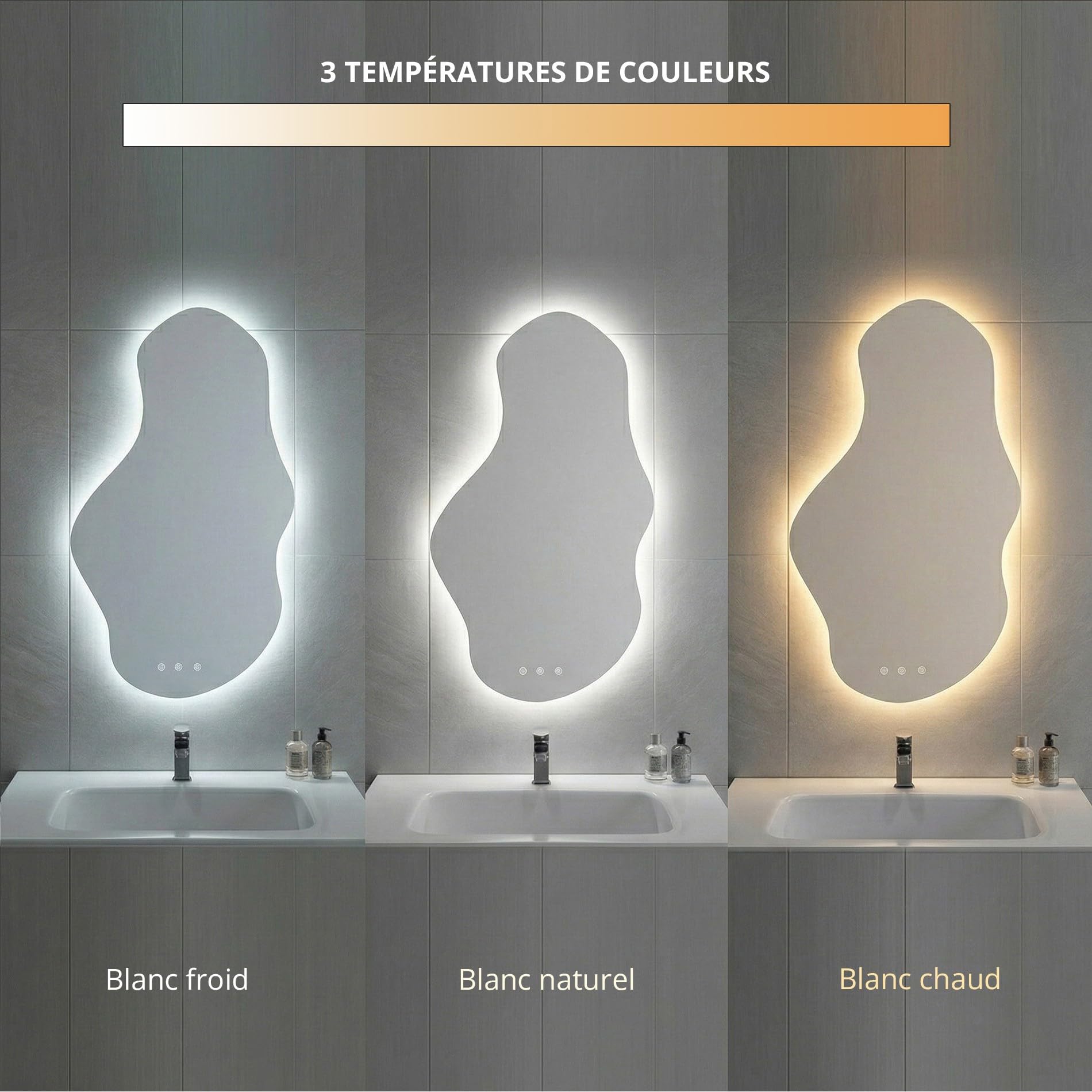 SANIVERRE Miroir LED Lumineux 60 x 100 cm réversible (2100 LMS) Tactile : antibuée + intensité et Couleur réglables - Collection Salle de Bain Onda