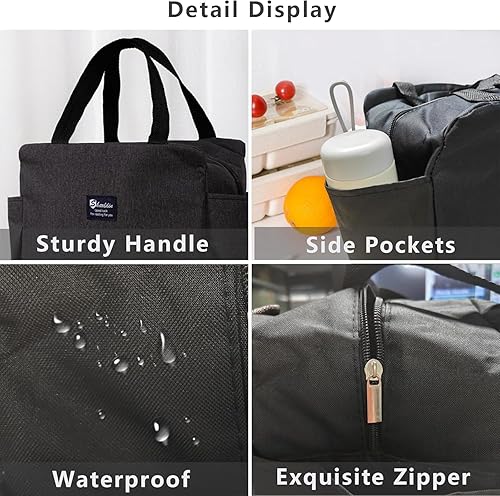 Miniatura 4 de Bolsa de almuerzo aislada para mujeres y hombres, bolsa de almuerzo de gran capacidad, bolsa Bento impermeable para el trabajo y picnic (negro)