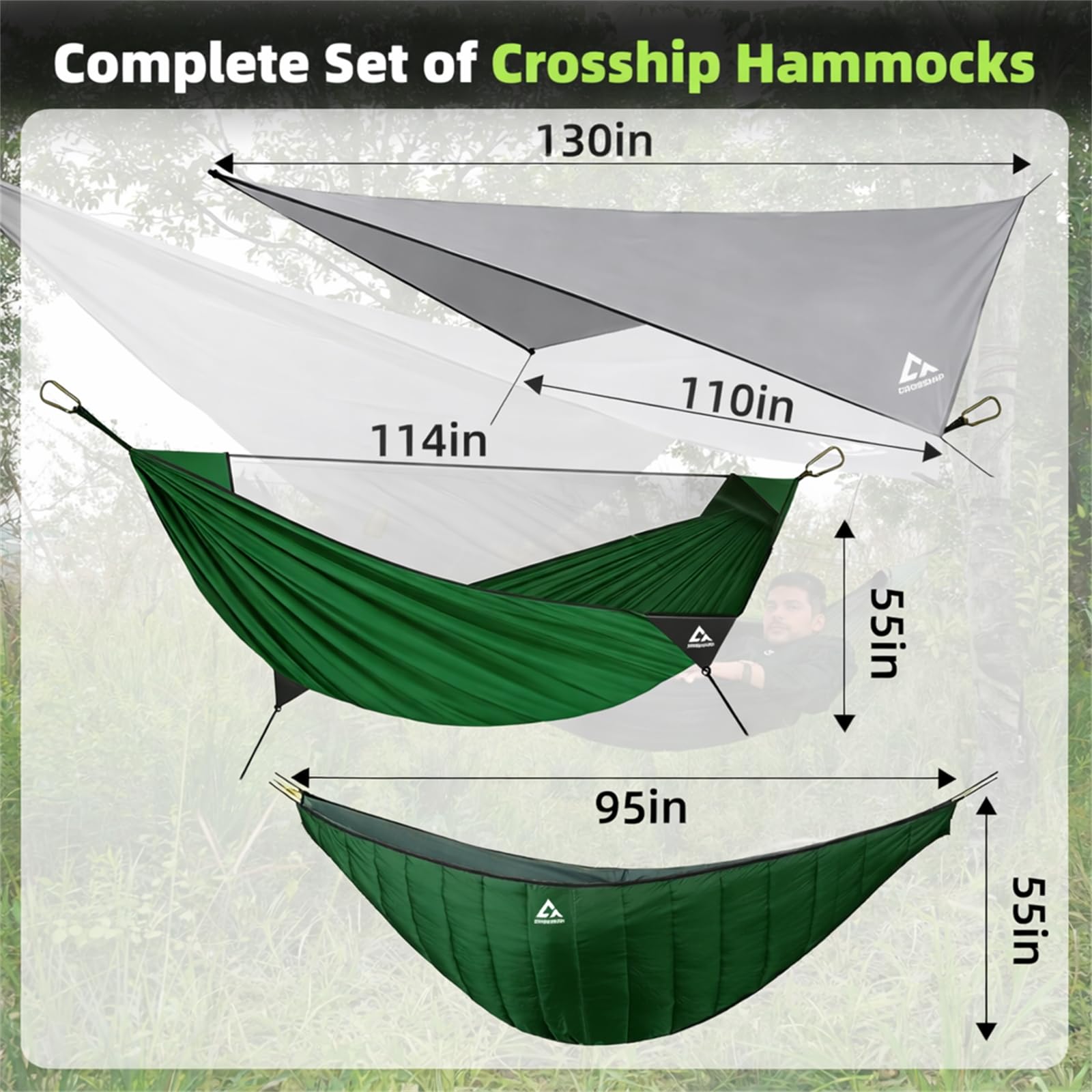 CROSSHIP Camping Hammock with Mosquito Net, Underquilt & Rain Fly Tarp, Forest Green, Hammock + Underquilt + Rain Fly Tarp - Image 2