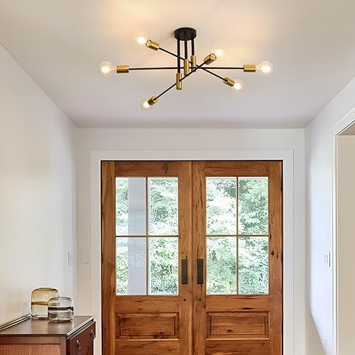 Miniatura 4 de Moderna lámpara Sputnik, lámpara de techo empotrada negra mate de 6 luces, lámpara moderna de mediados de siglo para dormitorio, comedor, sala de