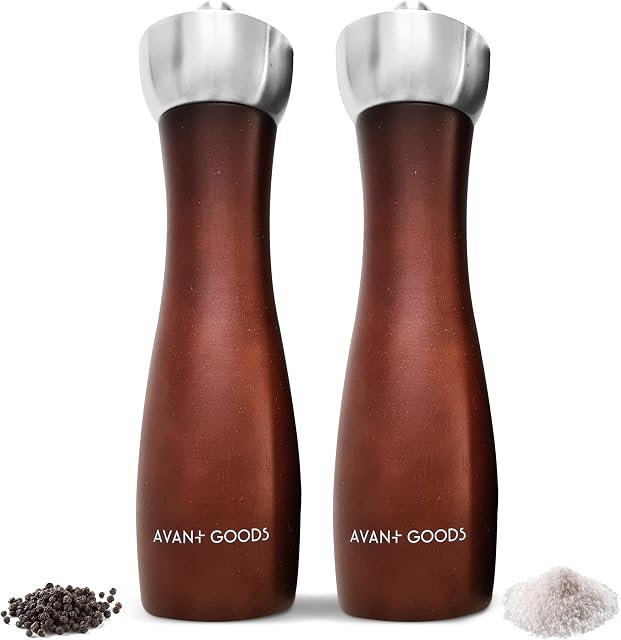 Avant Goods Salt and Pepper Grinder Set  8 Inch Wooden Salt and Pepper Mills  Adjustable Salt and Pepper Grinder  Ceramic Core, Stainless Steel Elegant Salt and Pepper Grinder Table Décor Set