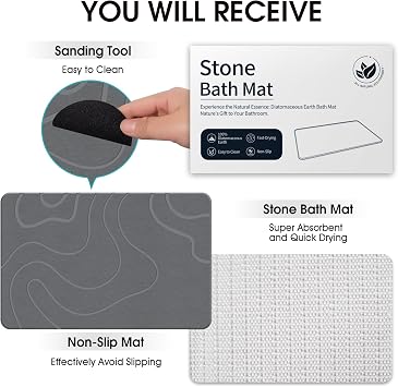 ZIKIBL Stone Bath Mat Diatomaceous Earth Shower Mat Non-Slip Super Absorbent Diatomite Stone Mats for Bathroom Floor Quick-Drying Easy to Clean (24''*16'' Grey)