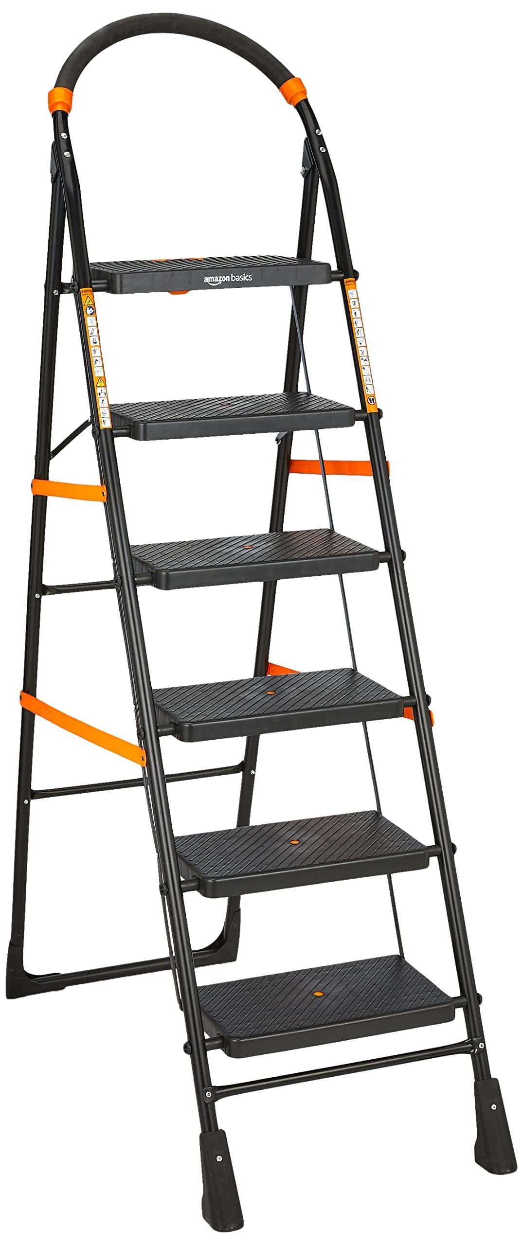 Clamber - Foldable Step Ladder, Safety-Clutch Lock, Ribbed Steps, Knee Guard, Non-Marring PVC Shoes, 6 Steps (Steel, Black & Orange)
