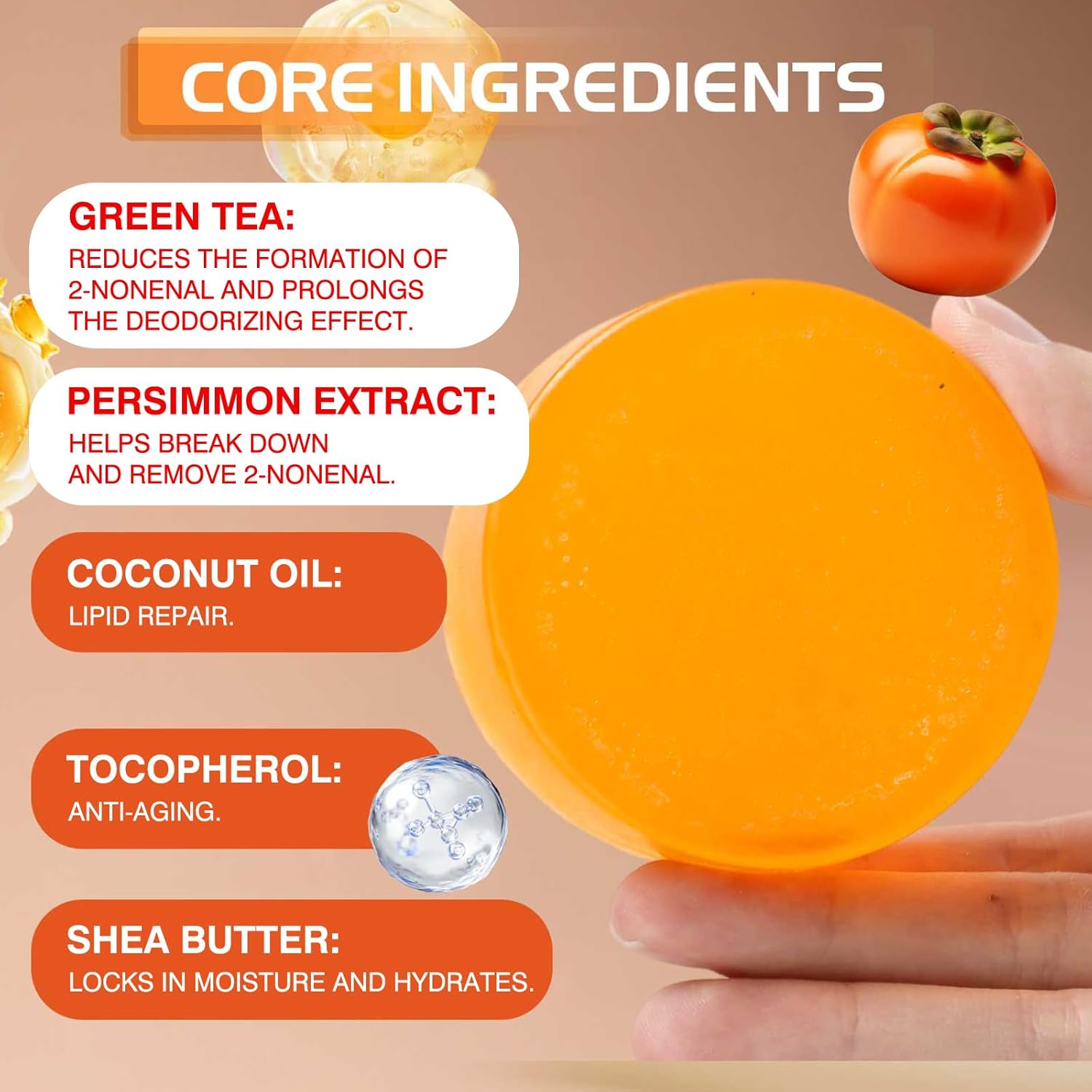 Persimmon Soap Bar for Body Odor Control, Persimmon Soap Bar for Old People Smell, For Men and Women, Comes with A Built-in Bubble Net, Gentle on All Skin Types, 3.52oz - Image 3