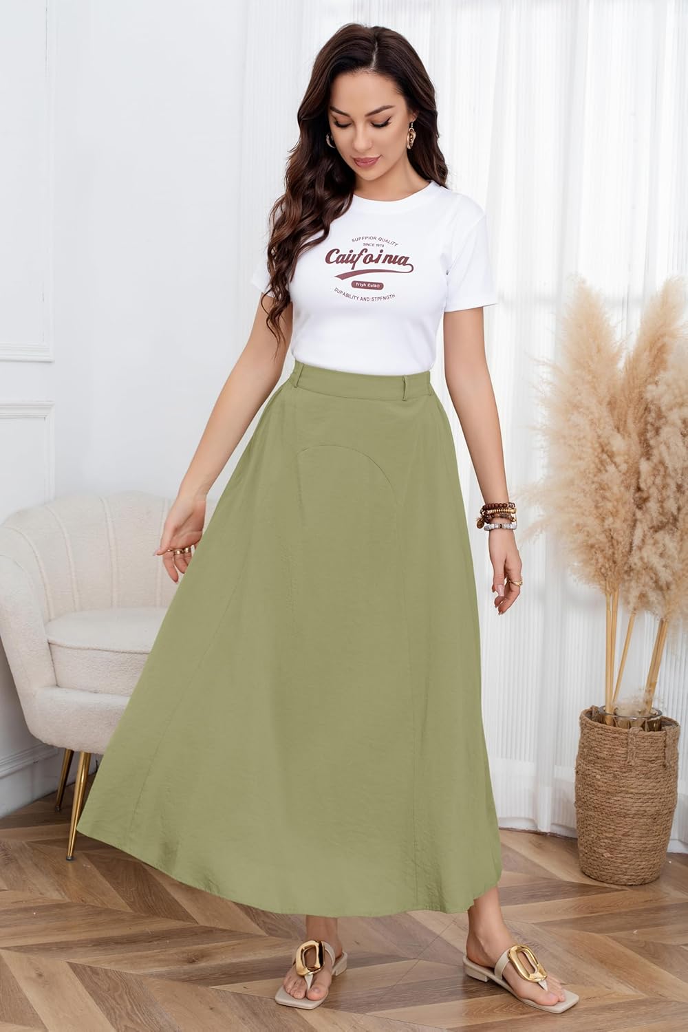 CHARTOU Women Casual Cotton Linen A Line Skirt High Waist Long Flowy Skirt Flare Swing Ruffle Skirt - Image 2