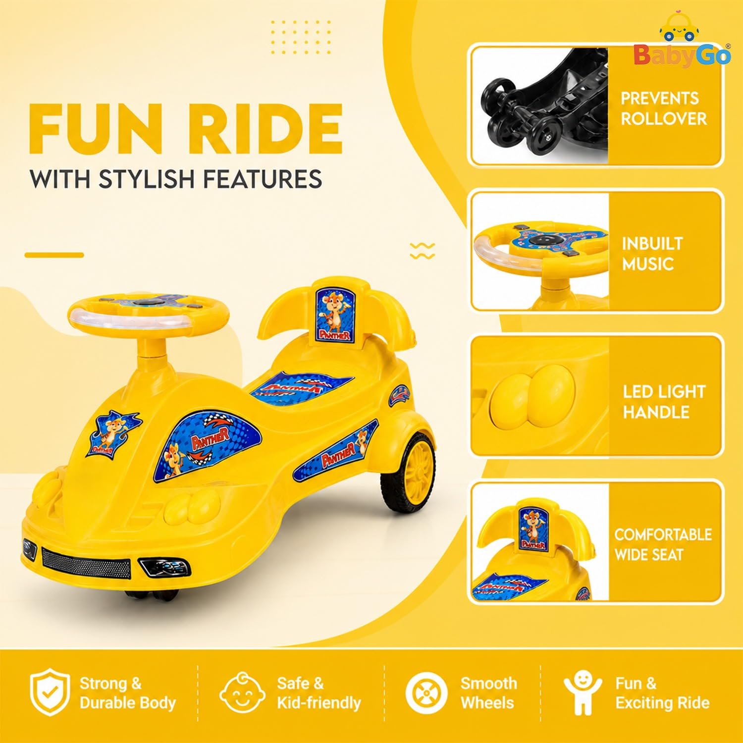 BabyGo Baby Panther Swing Magic Car Ride On Toy for Kids with Comfortable Seat & Durable Wheels | Push Ride On Twister Swing Car | Indoor Outdoor Fun Ride On Car for Boys & Girls Age 2+ (Yellow) 2