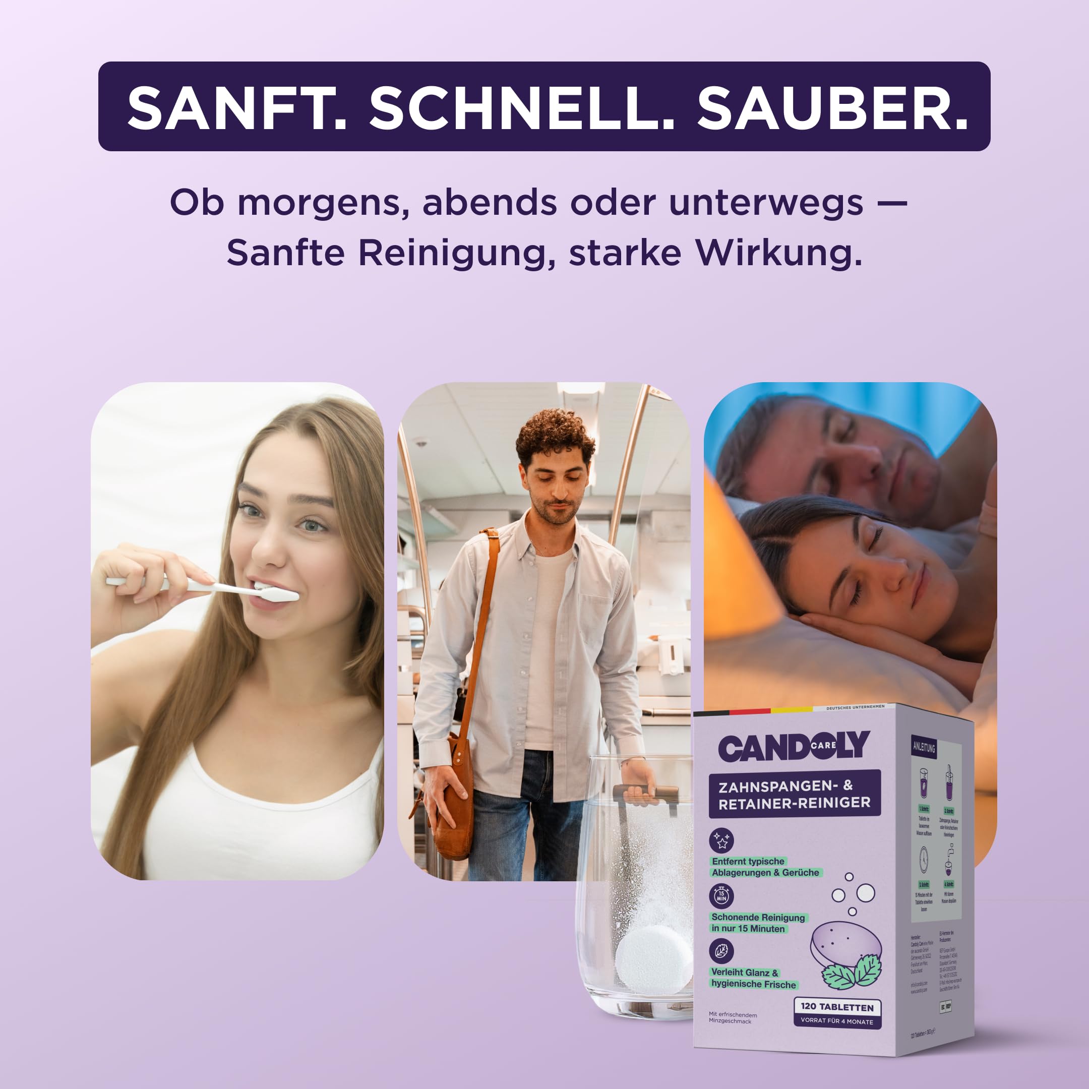 Pastillas de limpieza de frenillos: limpieza suave para aparatos ortopédicos, retenedores, alineadores y férulas dentales, limpiador sin cloro ni alcohol, sabor a menta fresca, eficaz en 15 min, 120