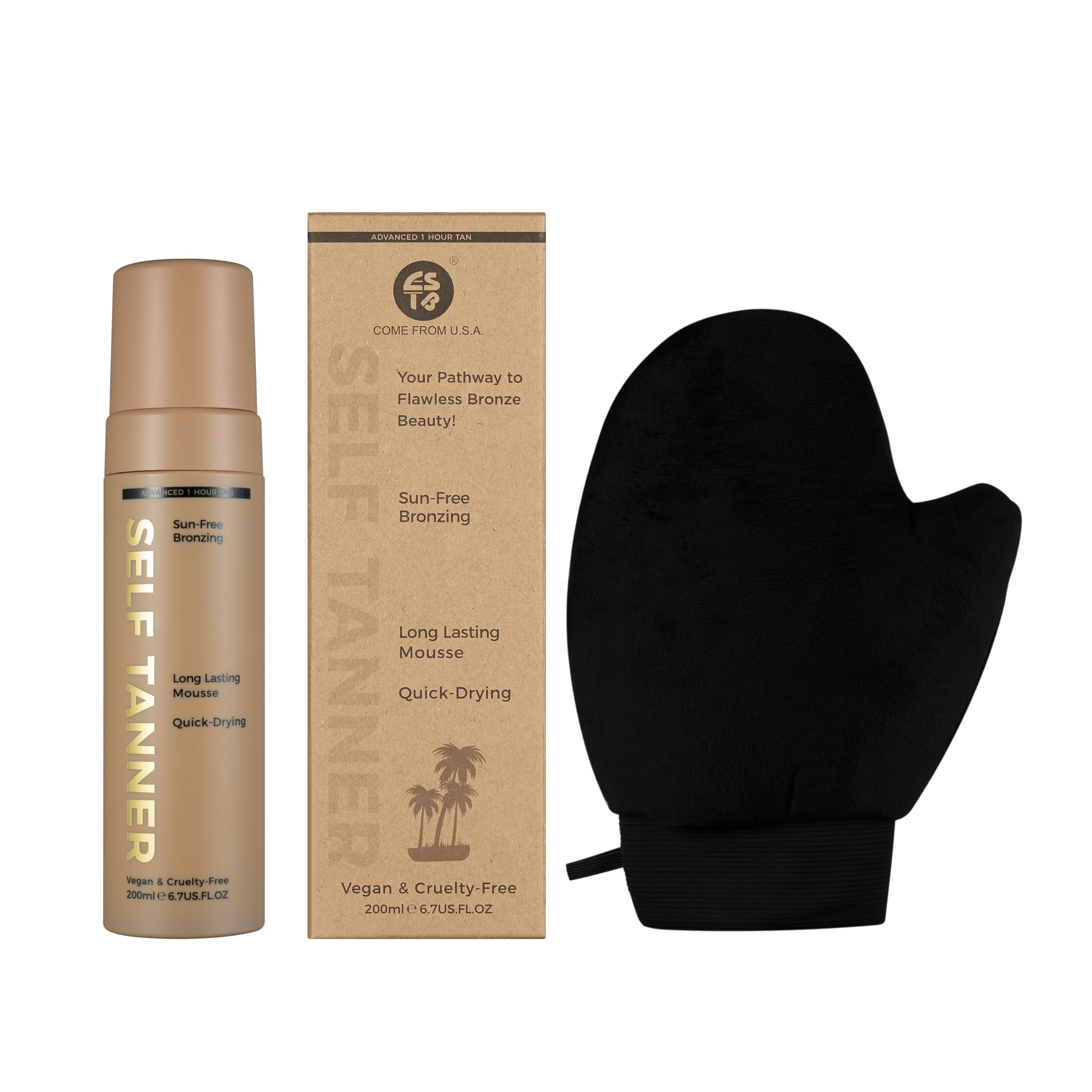 ESTB Dark Self Tanner Kit |Get The Darkest Tan Possible Bundle - Best Dark Self Tanning Mousse w Mitt Applicator, 1 Hour Sunless Tanner, Fast Bronzing Glow, No Fake Tan Smell, Vegan, 6.7 Fl Oz