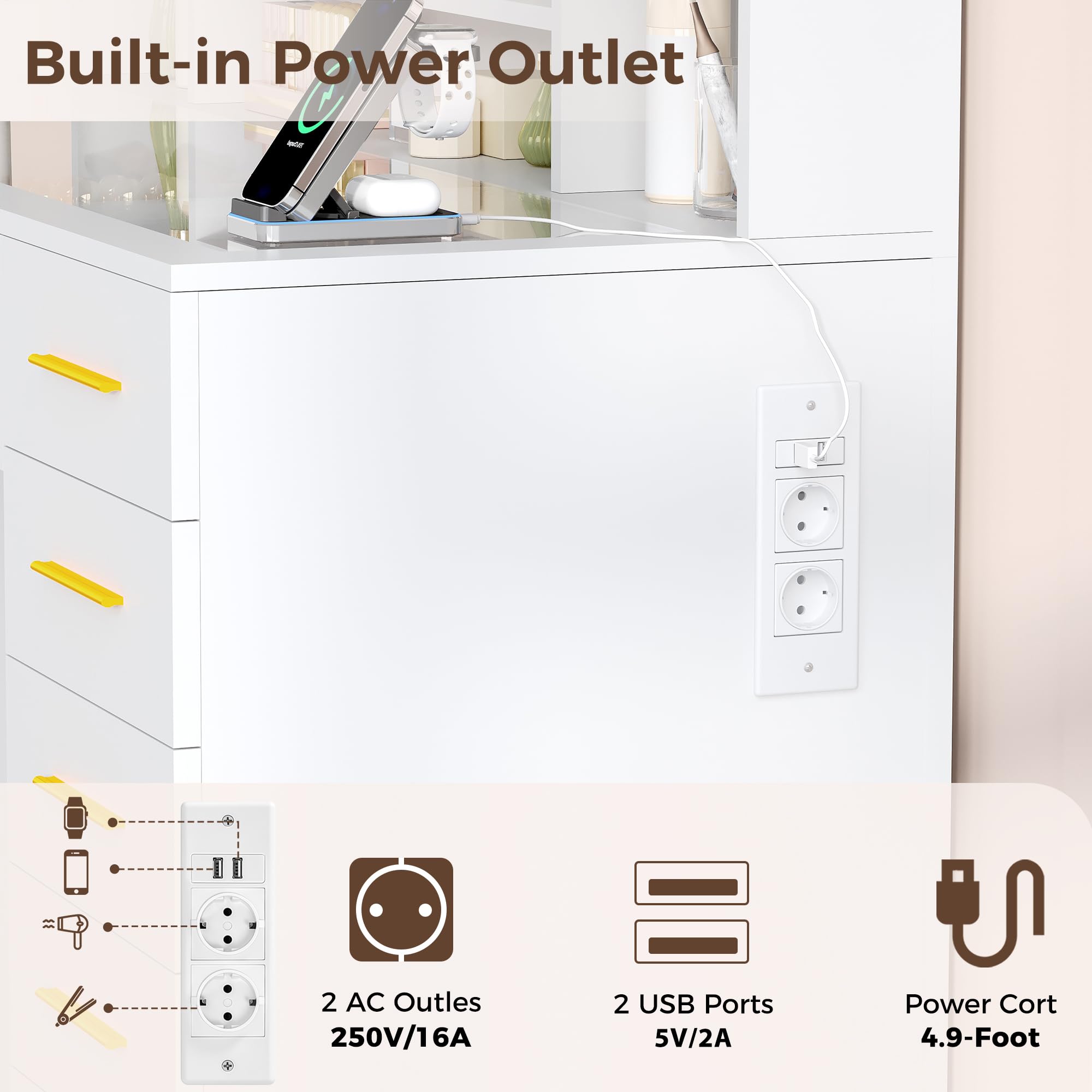 BEWISHOME Toeletta con Specchio LED, Toeletta Trucco con Luci Regolabili e Prese, Toletta con Piano in Vetro, Moderna Tavolo da Trucco con 13 Cassetti, 6 Ripiani Aperti, Bianco 105x40x140, EFST61W