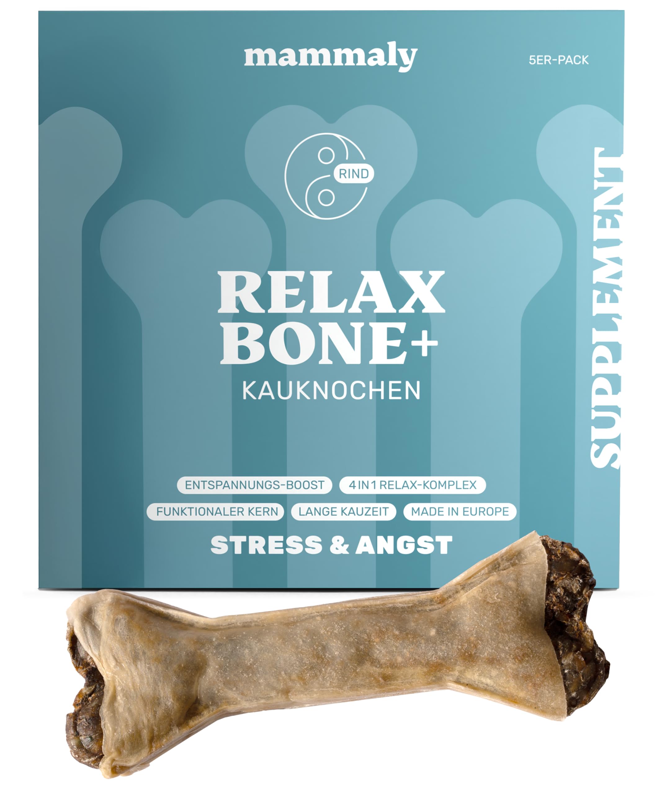 5-in-1 Entspannungs-Kauknochen - Relax Bone+ 5X Kauartikel (12cm) von mammaly - Kaustange aus Rinderhaut mit Kamille & Lavendel u. v. m. zur Beruhigung - Kauspielzeug / -Knochen als Beruhigungsmittel