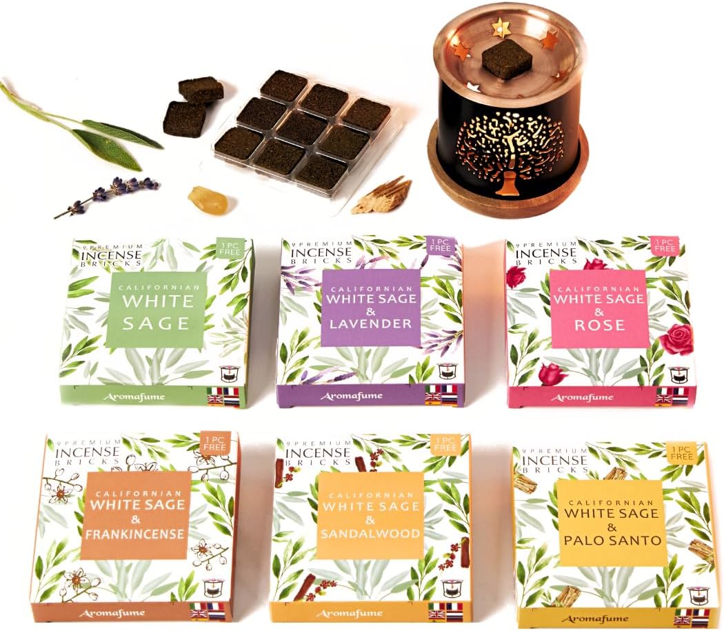 White Sage Incense Brick Super Set by Aromafume | 54 Bricks & Tree of Life Exotic Burner | White Sage with Rose, Lavender, Palo Santo, Sandalwood, Frankincense | Sage for Cleansing, Smokeless Smudging