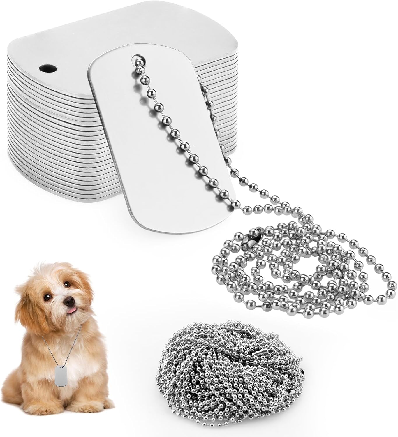 Military Dog Tags Set, 25 Aluminum Blank Dog Tag Necklace + 25 Metal Bead Chain, Smooth Edge Rectangle Laser Engraving Labels for Army, DIY Craft, Silver