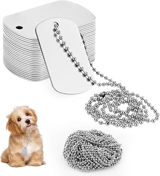 Military Dog Tags Set, 25 Aluminum Blank Dog Tag Necklace + 25 Metal Bead Chain, Smooth Edge Rectangle Laser Engraving Labels for Army, DIY Craft, Silver