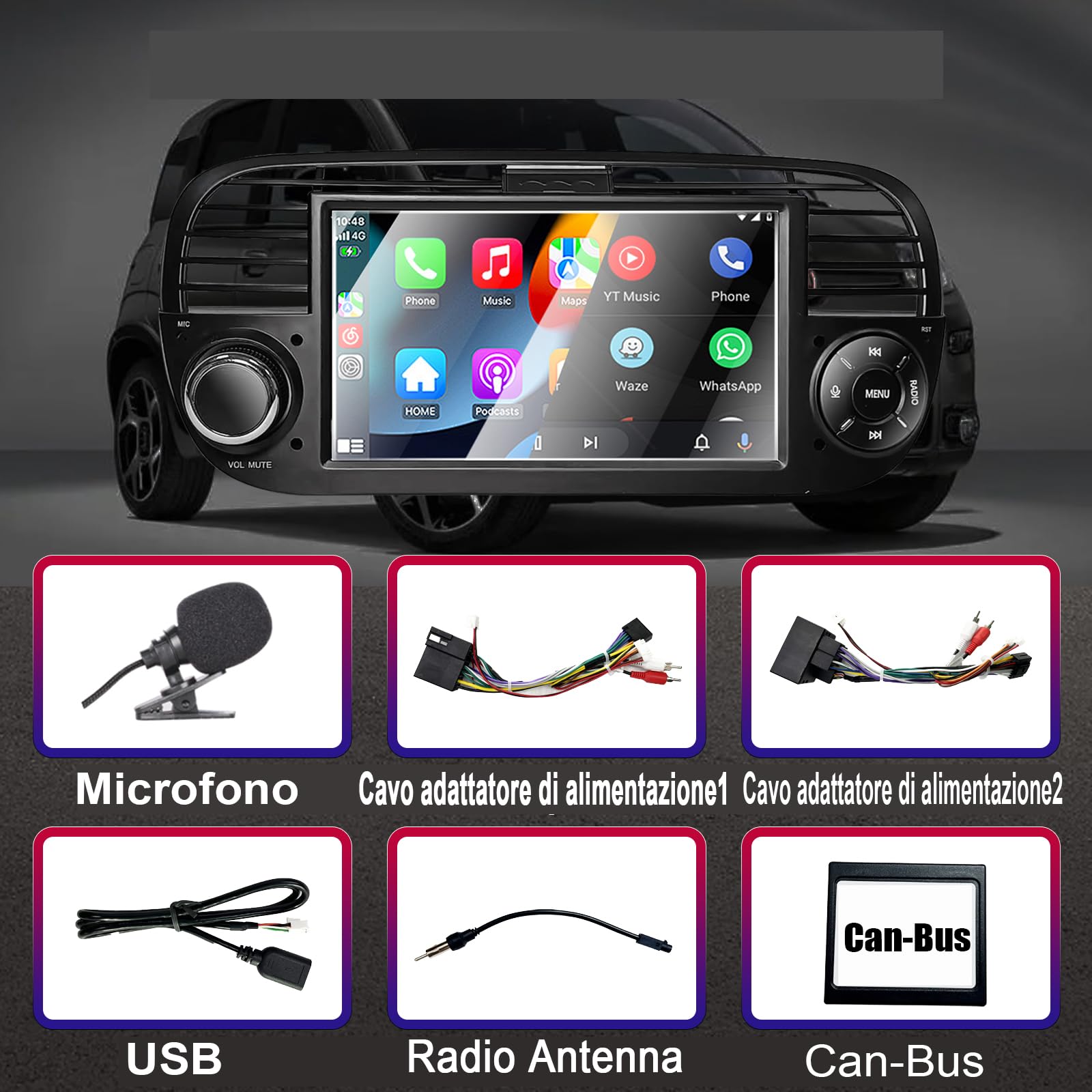 Liulbobu Autoradio per Fiat 500 2007-2015 compatibile con Carplay/Android Auto, Autoradio Fiat 500 da 7 pollici con touchscreen/Bluetooth/FM/AM/USB/DPS/RDS/Mirror Link-Nero