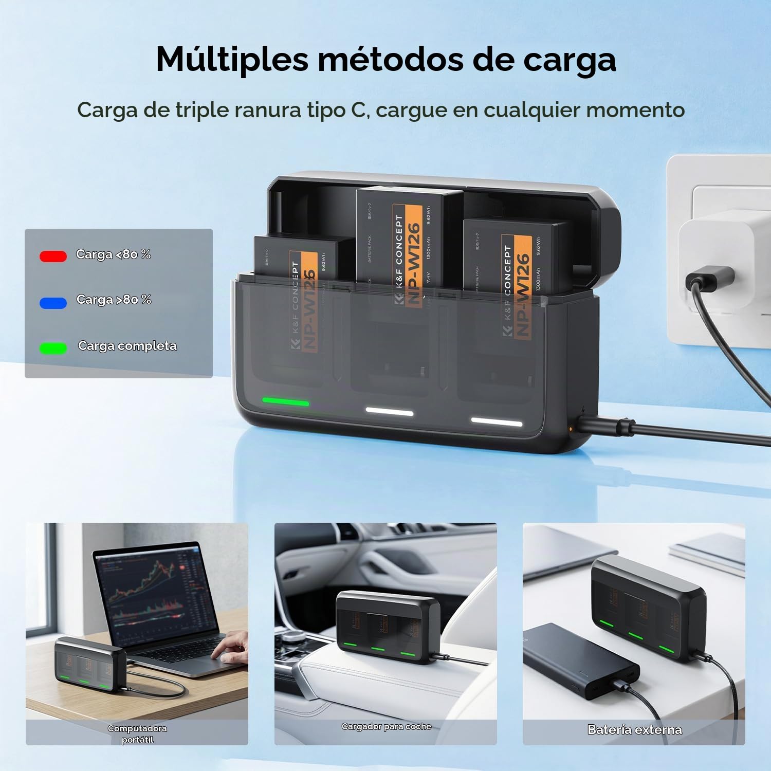 K&F CONCEPT NP-W126 NP-W126S Batería de cámara (paquete de 3) con cargador PD de 20W Compatible con Fujifilm XT30 III/XM5/X100VI/X100V/XS10/XT30/XT30 II/XT20/XE4/A5