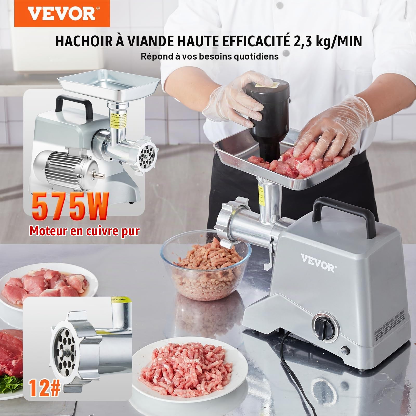 VEVOR Hachoir à Viande Électrique de Comptoir Capacité 2,27 kg/min, Poussoir à Saucisses avec Lame, Plaque de Broyage, Lame de Farce et Tubes, Boîtier en Aluminium, pour Cuisine et Restaurant