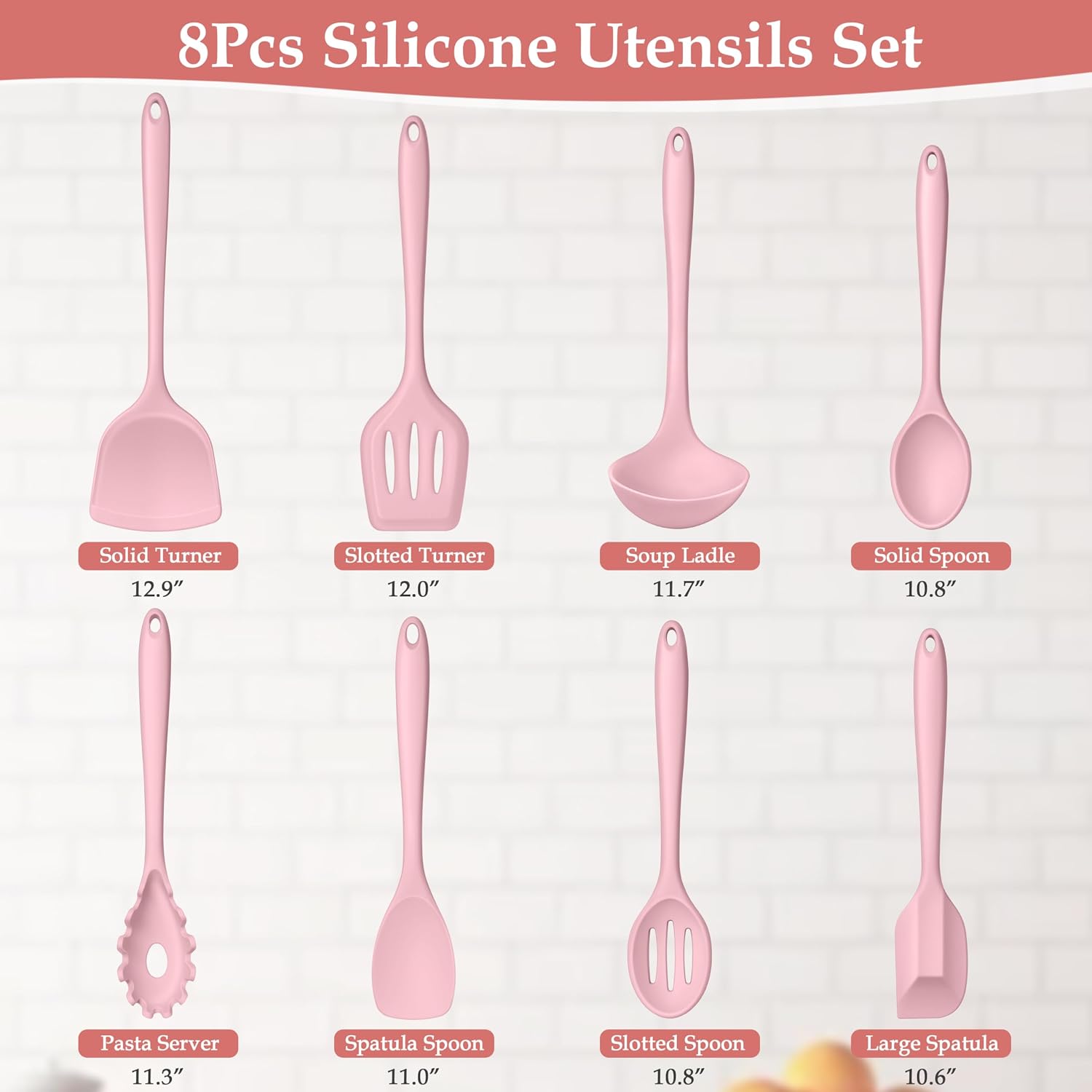 LIANYU Pink Silicone Cooking Utensils Set of 8, Non-Toxic Kitchen Utensils