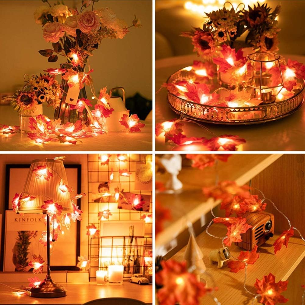 2Pack Fall Decor Garland for Home, Total 20Ft 40LED Thanksgiving String Lights Maple Leaf Garland with Battery Operated Waterproof Autumn Harvest Halloween Christmas Decoration for Indoor Outdoor