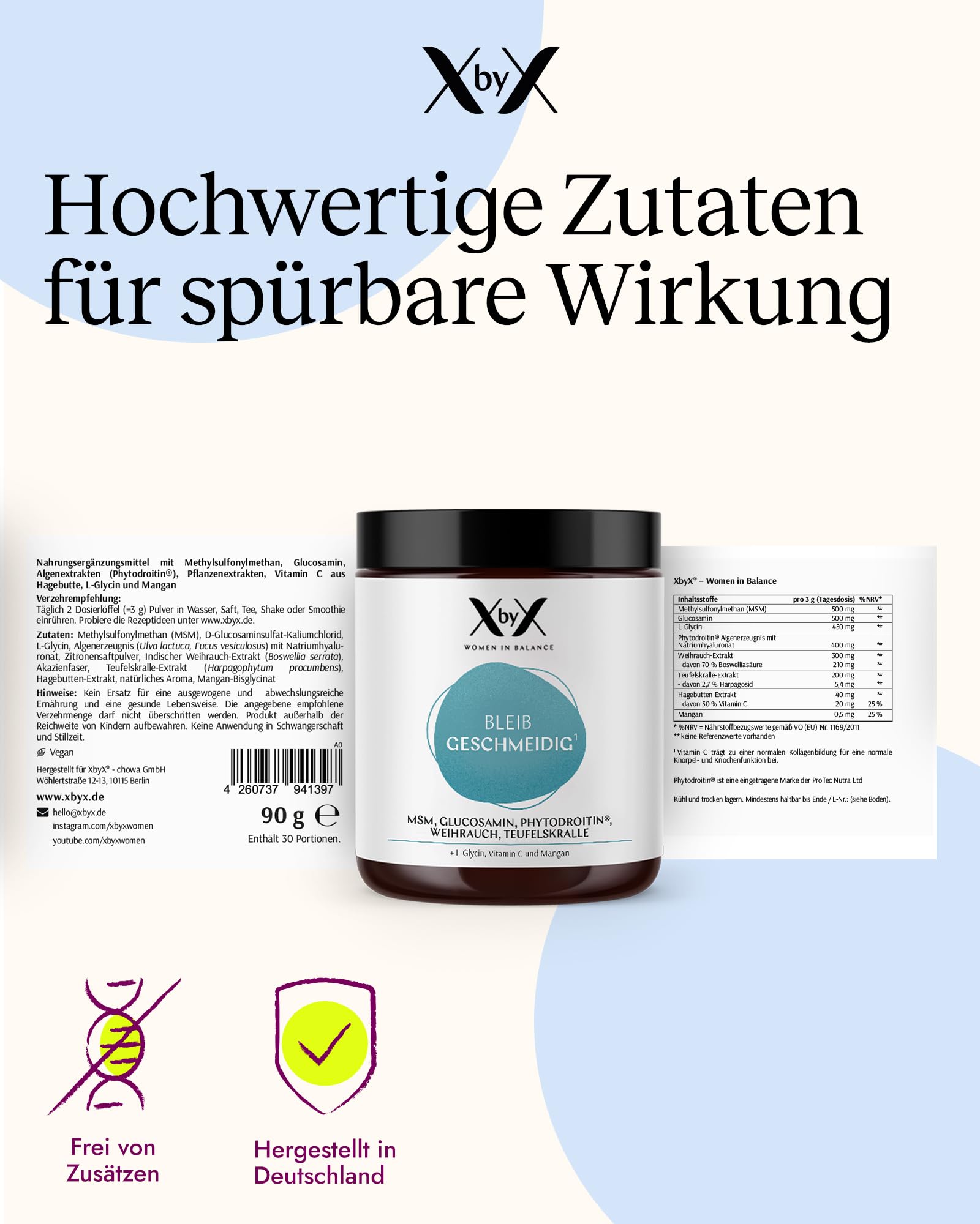 XbyX Bleib Geschmeidig 90 g - 30 Portionen - Gelenke-Komplex mit Vitamin C für Frauen - Plus Glucosamin, MSM, Kurkuma, Weihrauch - Aus Deutschland