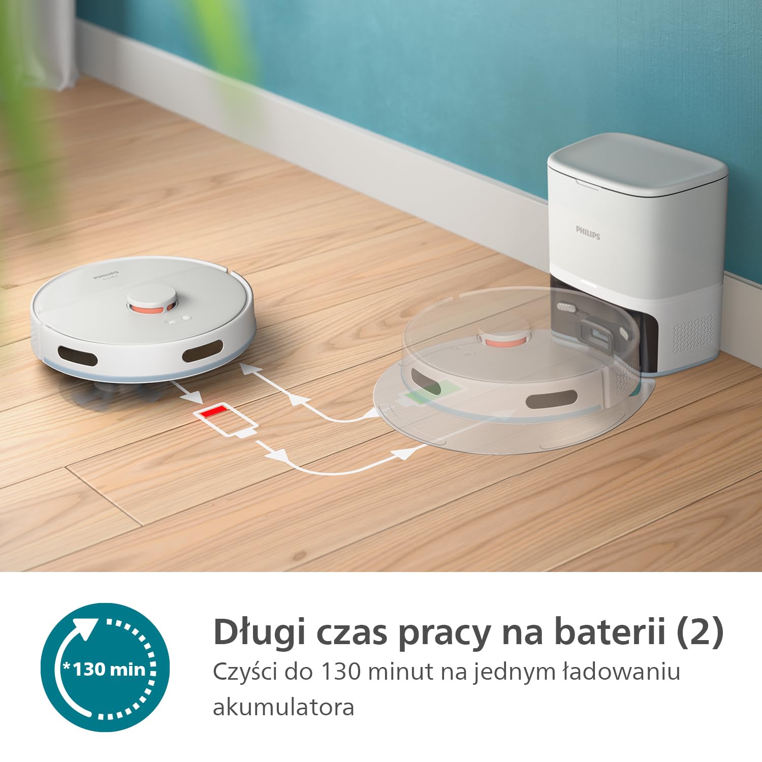 Philips HomeRun seria 2000: Robot Odkurzający i mop 2w1 o mocy ssania 2700 Pa i czasie pracy 130 min, z nawigacją laser., samo-opróżnianą stacją, z aplikacją, kolor ciemnoniebieski (XU2100/10)