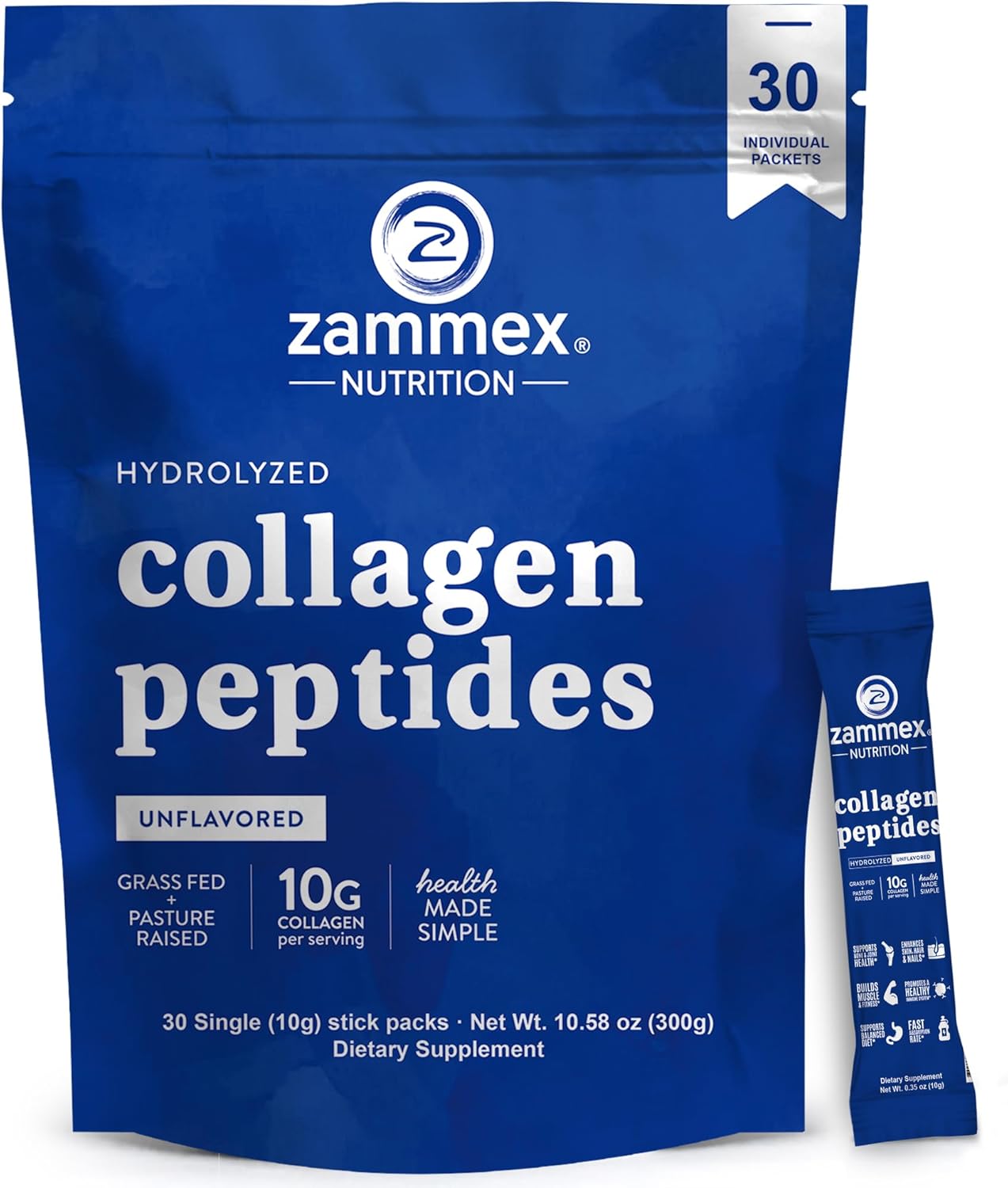 Premium Collagen Peptides Powder, 30 Sticks Travel Packets(Type I, III), Unflavored Collagen Protein Powder to Go, Hydrolyzed Collagen Peptides for Skin Hair Nail Joint, 10g per Serving, Paleo & Keto