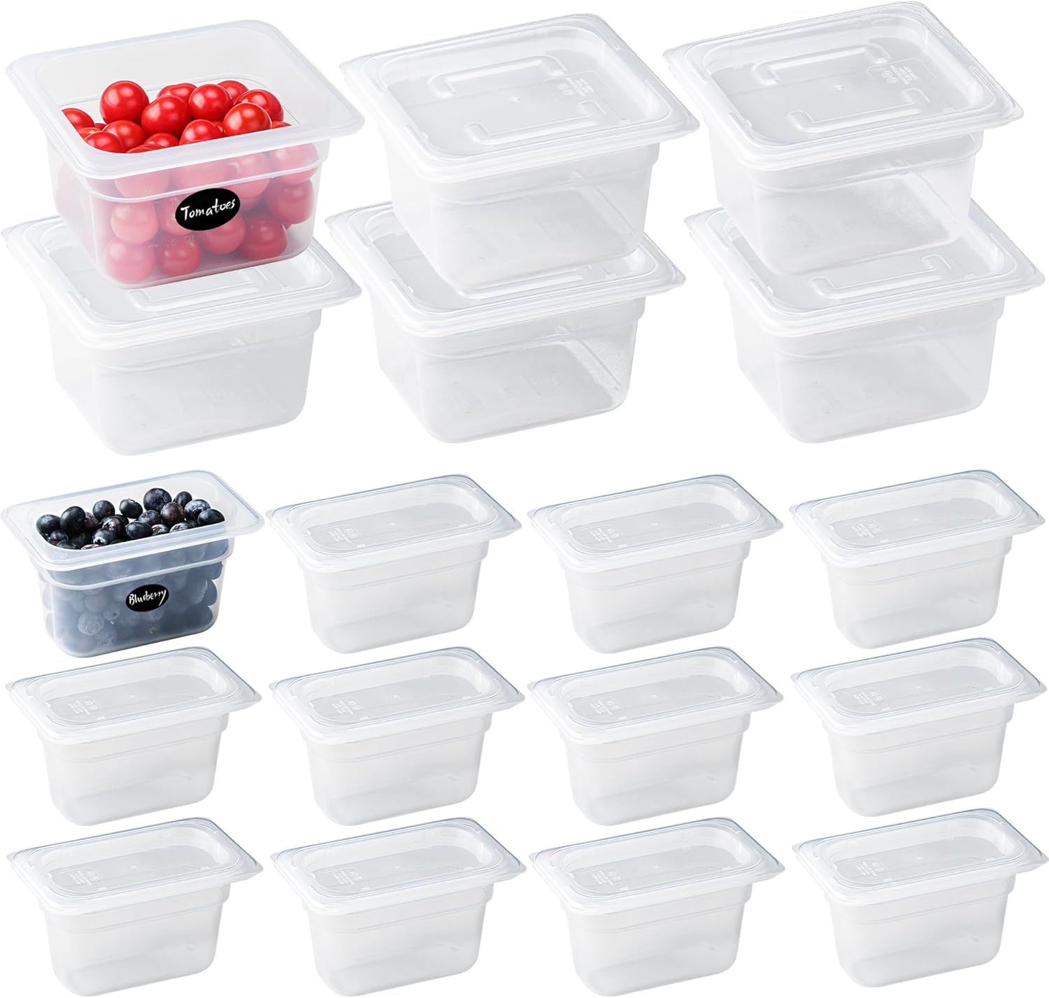 18 Pack Plastic Food Pans with Lids, 1/9 Size 4'', 1/6 Size 4'' Deep, Translucent, BPA-free, Stackable Storage for Restaurants, Buffets