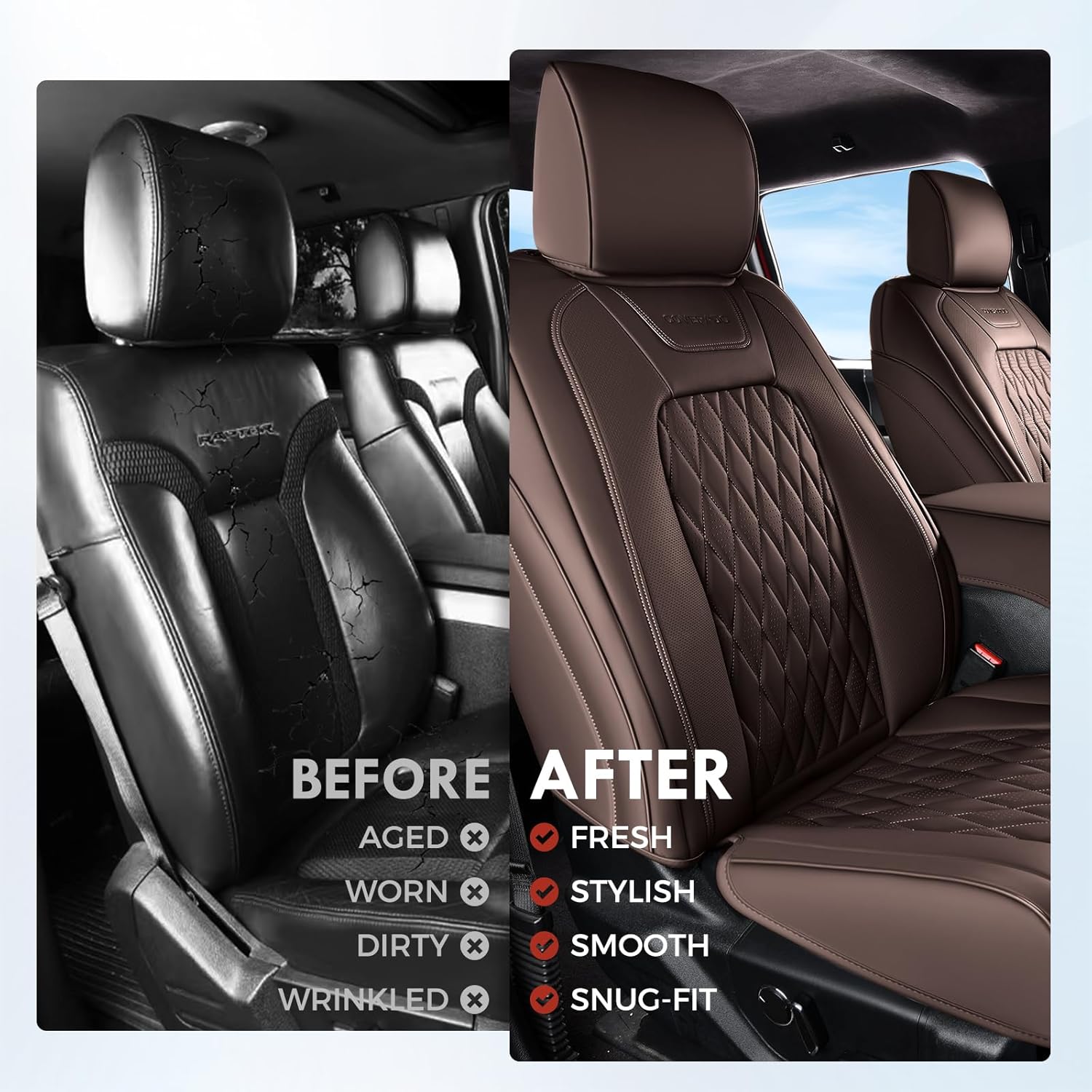 Coverado Premium Leather Full Set Seat Covers Waterproof Heavy-Duty Protectors Custom Fit for Ford F150 (2015-2026) F250/F350/F450 (2017-2026)-Coffee, Vintage Style, Scratch-Resistant