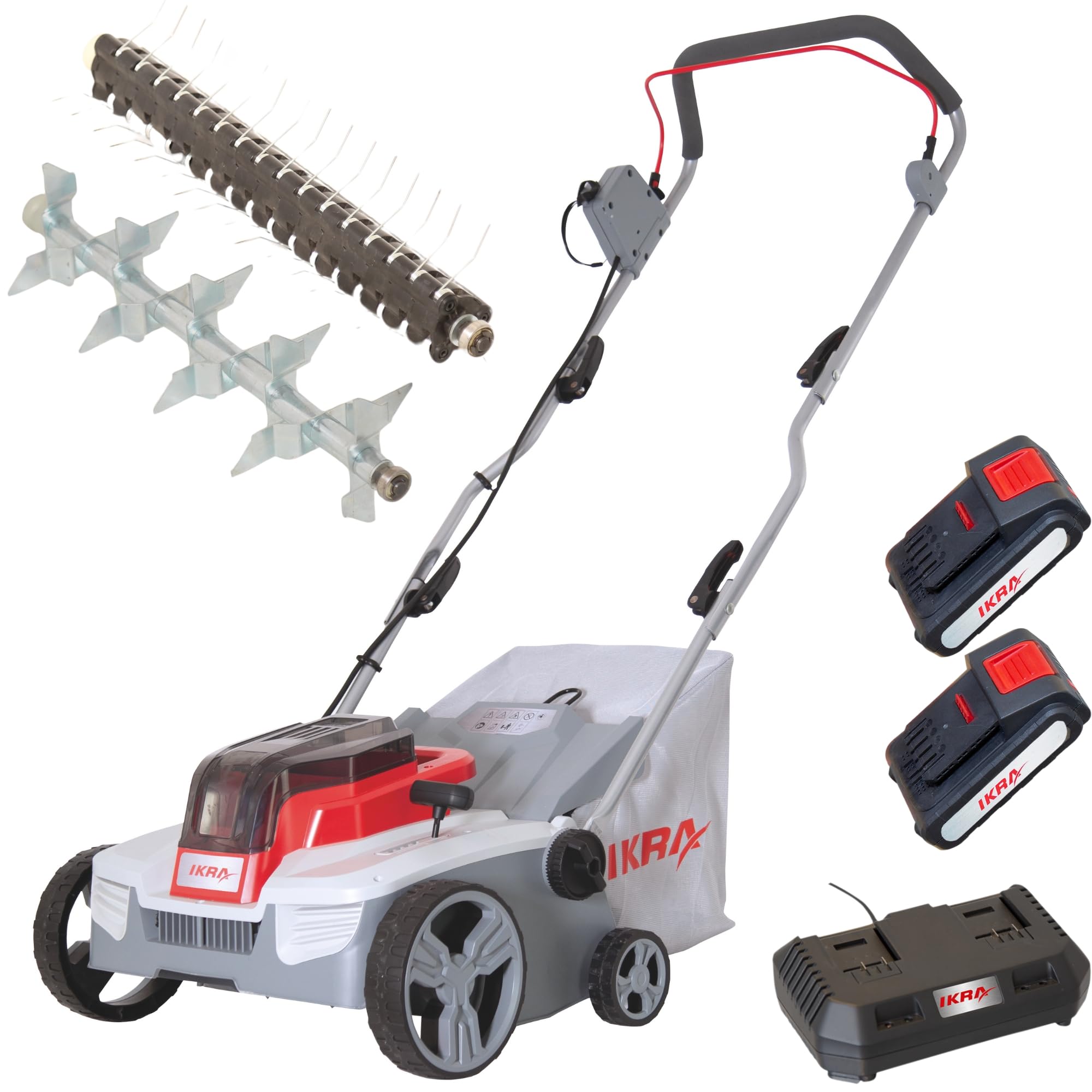 IKRA Akku Vertikutierer Rasenlüfter 3in1 IAVL 2-2032, Arbeitsbreite 32cm | Inkl. 2x Akku 20V 2,0Ah & Schnelllader, Fangkorb 30l, +3 bis -9mm, werkzeugloser Walzenwechsel, 20V-Akku-Familie von IKRA