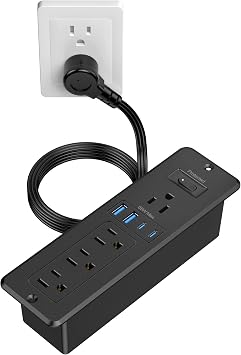 65W USB C Recessed Power Strip, Flush Mount Recessed Outlet | Hidden Furniture Charging Station with 4 Outlets & 2 GaN USB C & 2 USB-A Ports for Drawer Cabinet 6FT Cord Black