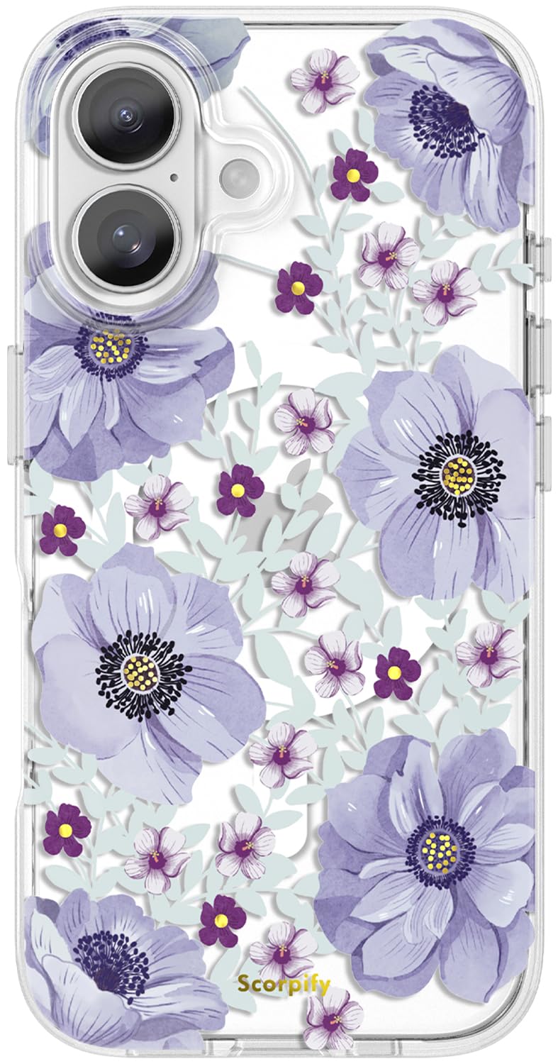 SCORPIFY for iPhone 17 Case [Compatible with MagSafe] with Purple Anemone Floral Design, Cute Clear Flower Phone Magnetic Cover for Women Girls, Slim Bumper with Gold Accents