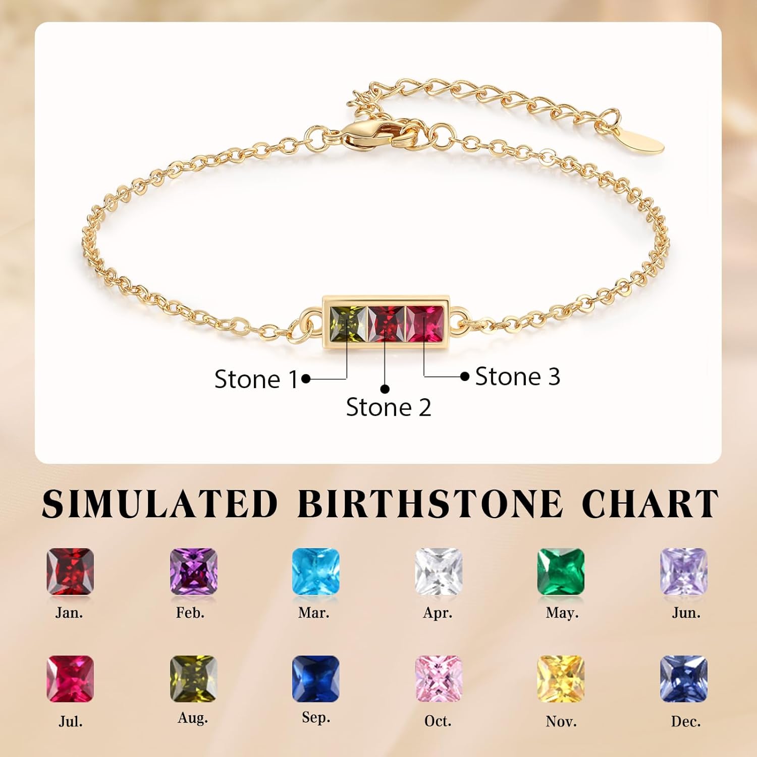 Gemszoo Custom Sterling Silver Birthstone Bracelet for Women, Personalized 1–6 Stone Gold Bracelet, Adjustable Dainty Jewelry, Meaningful Gift for Mom, Wife - Image 2
