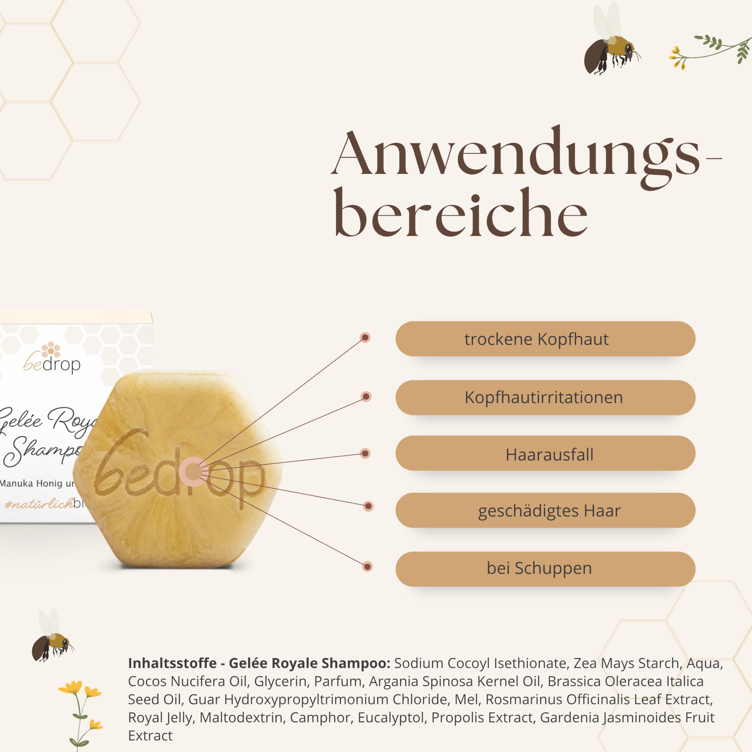 bedrop Hair Care Set | BEELIXIR Haaröl Hair Oil, Gelée Royale festes Shampoo, BEELIXIR fester Conditioner bei beanspruchtes Haar & Haarwachstum mit Rosmarinöl, Propolis & Manuka Honig