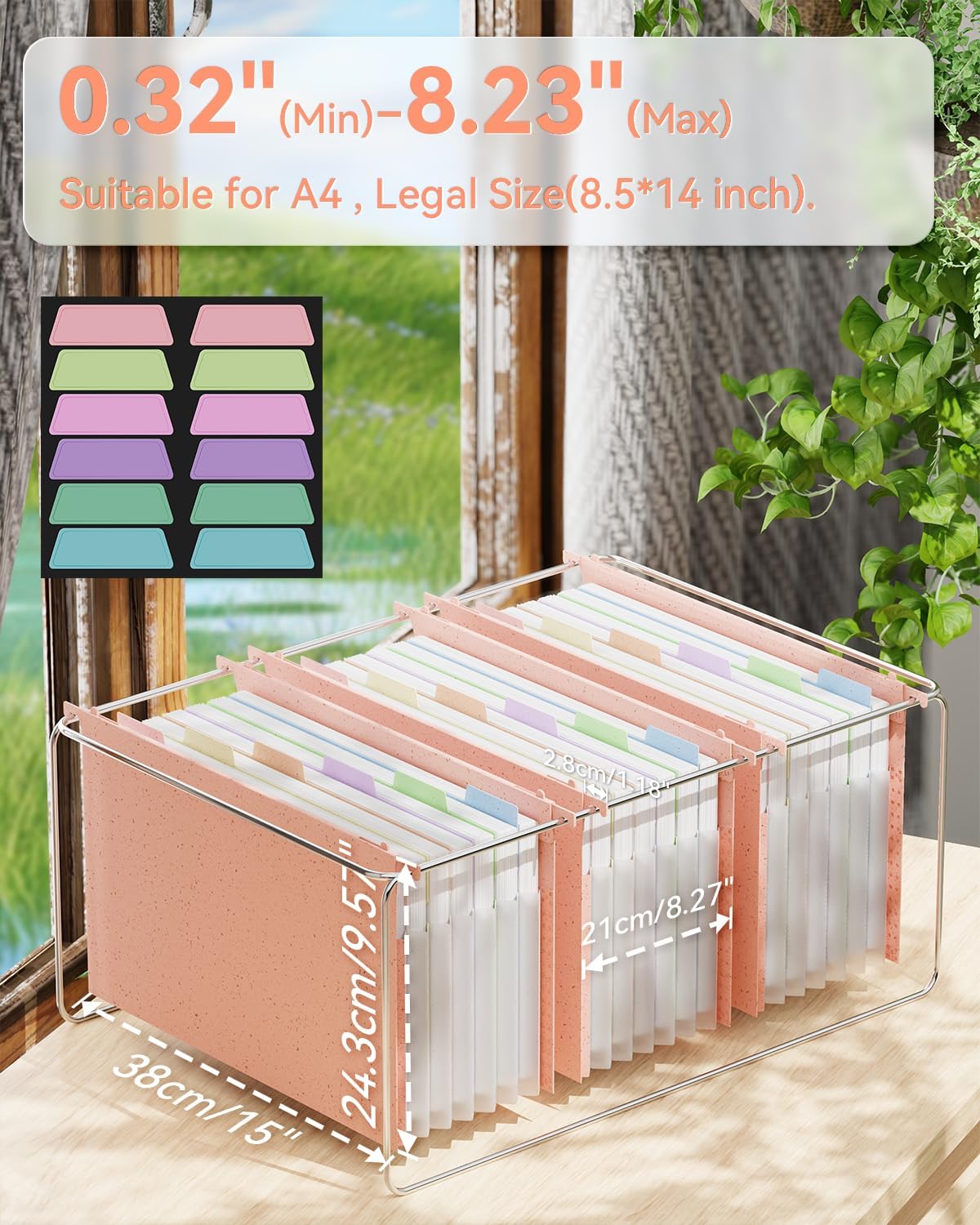 ANSOOK Wheat Straw Expanding Hanging File Folders Legal Size,7 Expansion 1.2" Accordion Pockets,3 Pack File Cabinet Folders with Tabs, Large Capacity File Folders,Pink File Organizer for Documents