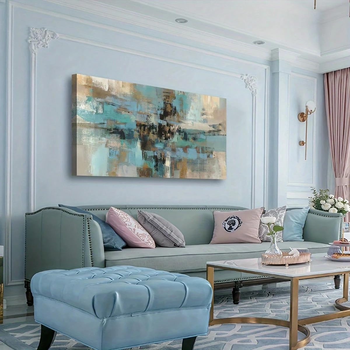 Toile abstraite bohème marron et bleu 50x100cm avec cadre intérieur pour salon - 8