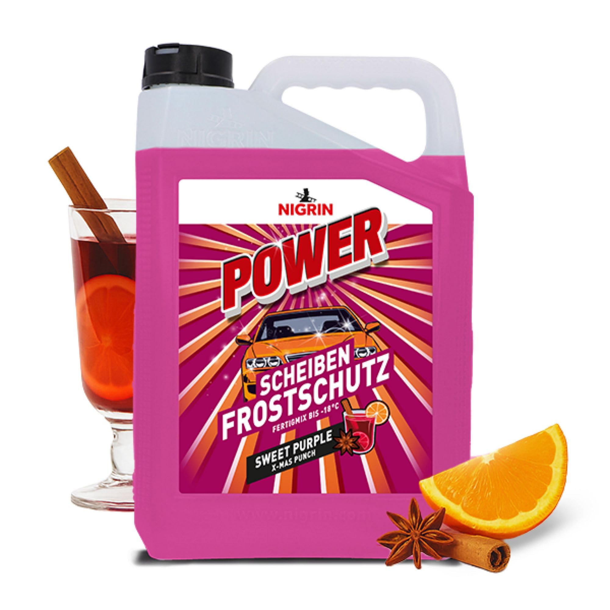 NIGRIN POWER Scheibenfrostschutz Fertigmix Sweet Purple | 5 Liter | wirksam bis -18°C | Anti-Freeze-Formel | Reinigungszusatz für Autoscheiben & Scheinwerfer | schlierenfrei | polycarbonatverträglich