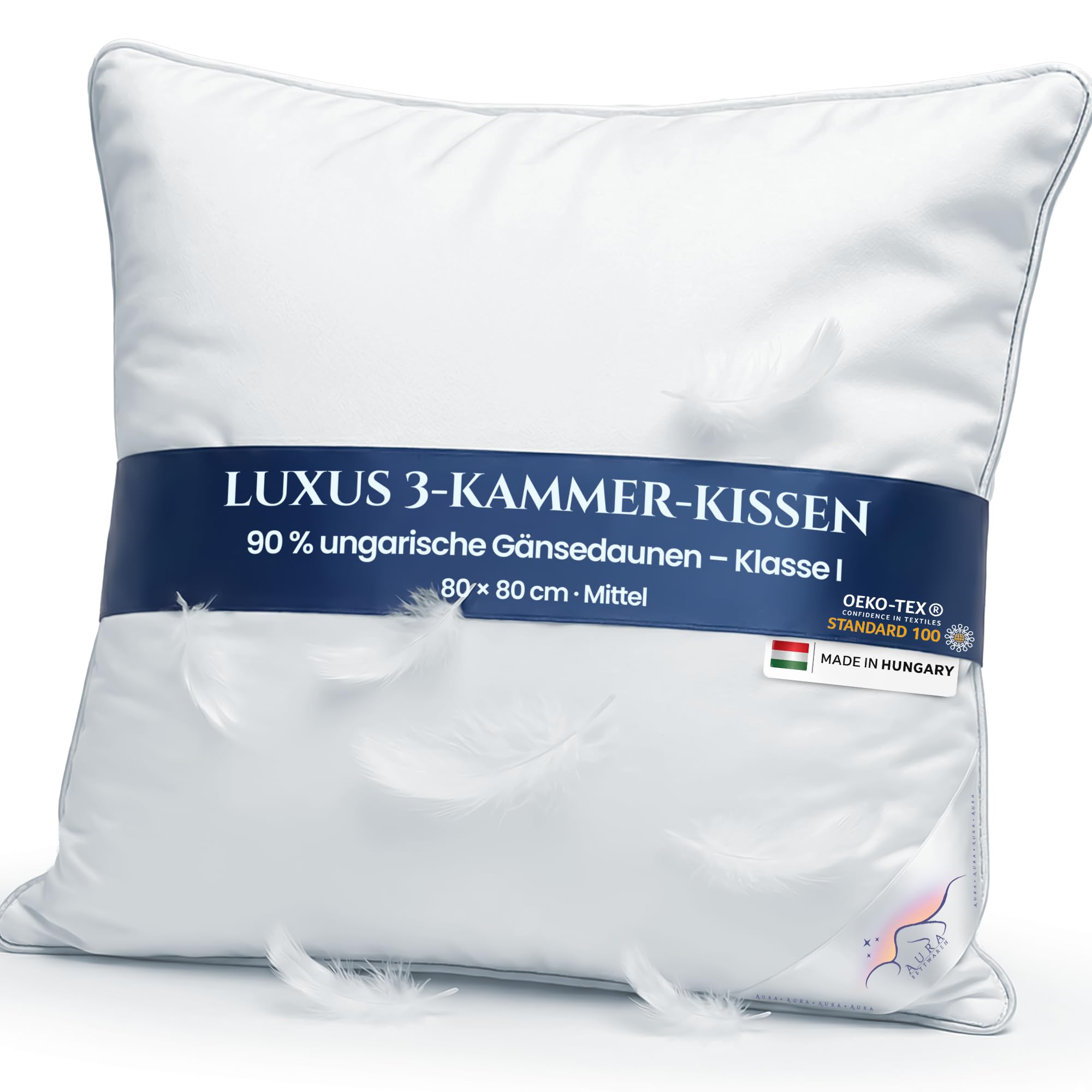 Aura® 3-Kammer Kopfkissen 80x80 – Daunenkissen mit 90% ungarischen Daunen Klasse I, mittelfest, OEKO-TEX®, 100% Baumwolle, für Allergiker geeignet