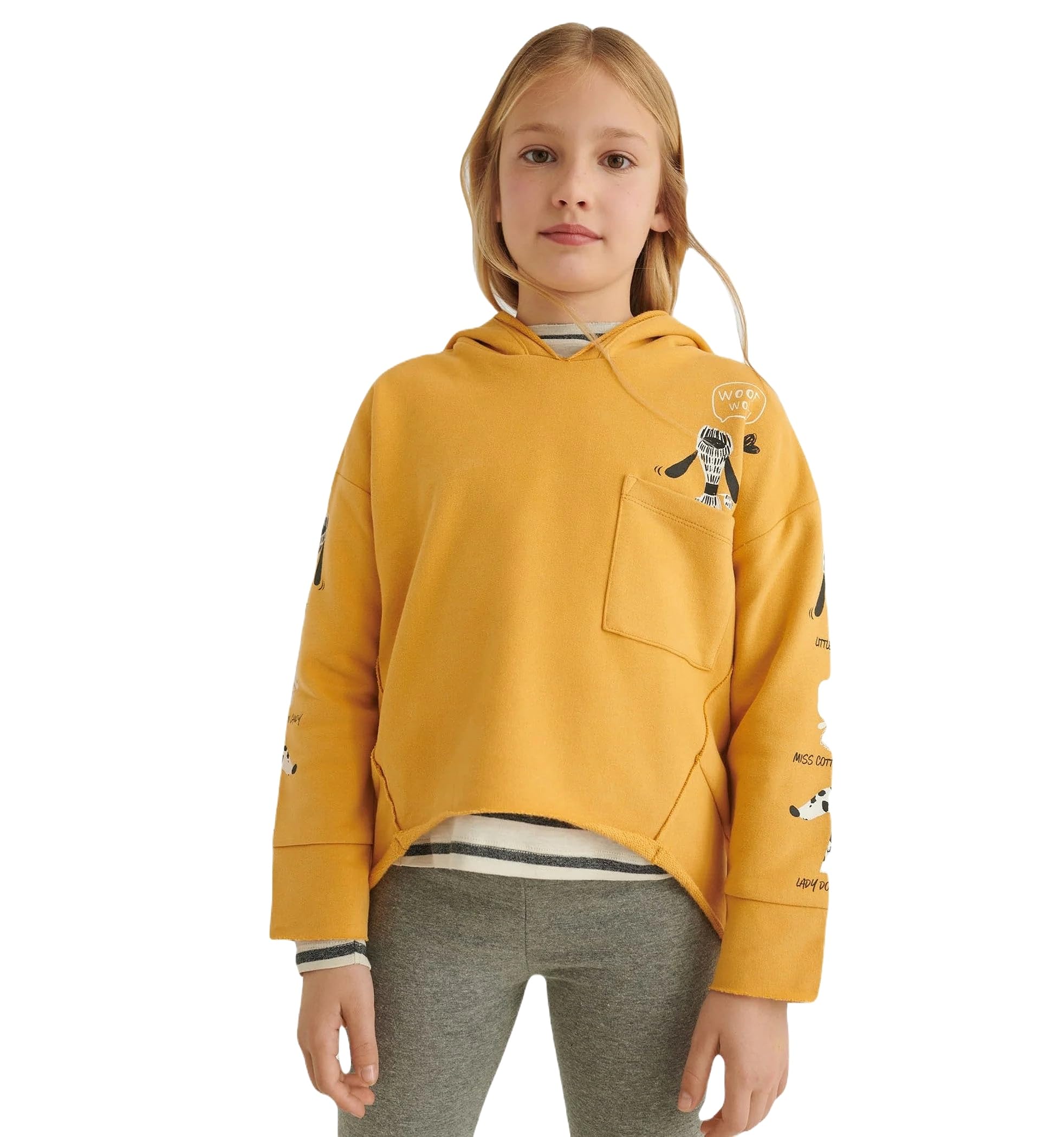 Generico Felpa Mayoral Ragazza 10-16 Anni – Cappuccio e Stampa Decorativa – Maniche Lunghe – Design Asimmetrico – Azzurro o Ocra – Casual Streetwear