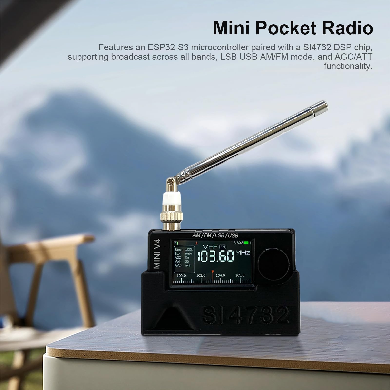 Radio AMNVOLT V4 ATS Mini con Soporte y Amplificador de Auriculares, Receptor portátil Am FM con Pantalla IPS de 1,9 Pulgadas para Senderismo, Camping y excursiones
