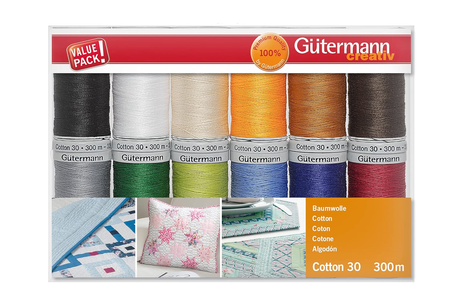 GütermannCreativ 734023-1 Sewing Thread Set, Cotton, Plain, 12 Spools, 1200 Metres