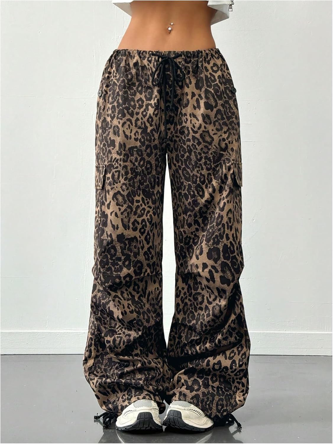 Milumia Women's Leopard Print Cargo Pants Y2k Low Waist Drawstring Loose Jeans with Pockets - Image 6