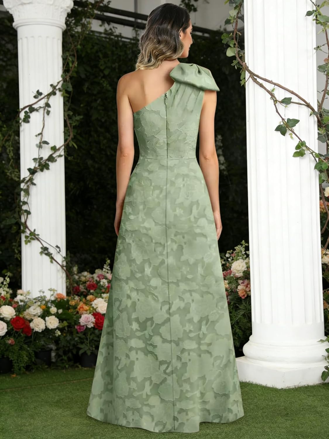 One Shoulder Mother of Bride Dresses with Bow Floral Chiffon Split Formal Evening Dress